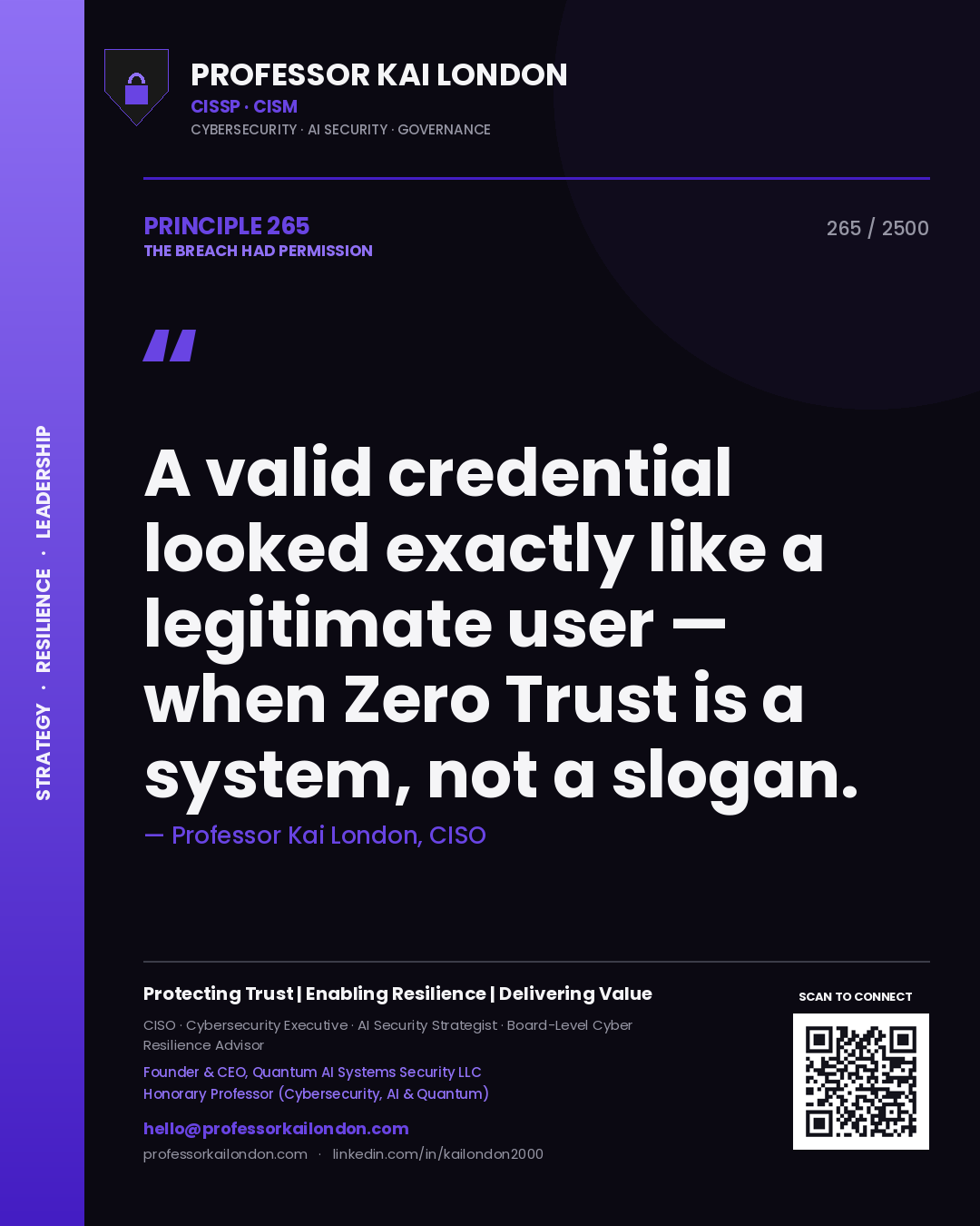 Quote card by Professor Kai London reading 'A valid credential looked exactly like a legitimate user — when Zero Trust is a system, not a slogan.'. From the book The Breach Had Permission.