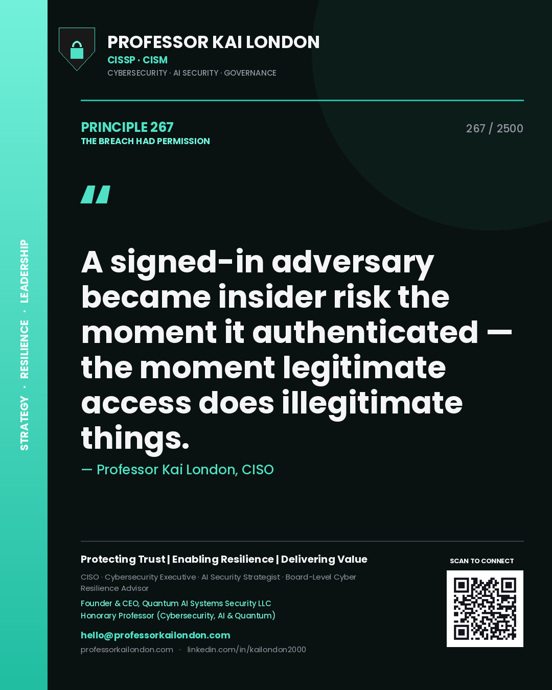 Professor Kai London principle 267: A signed-in adversary became insider risk the moment it authenticated — the moment legitimate access does illegitimate things.