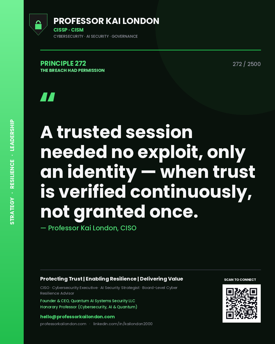 Professor Kai London principle 272: A trusted session needed no exploit, only an identity — when trust is verified continuously, not granted once.