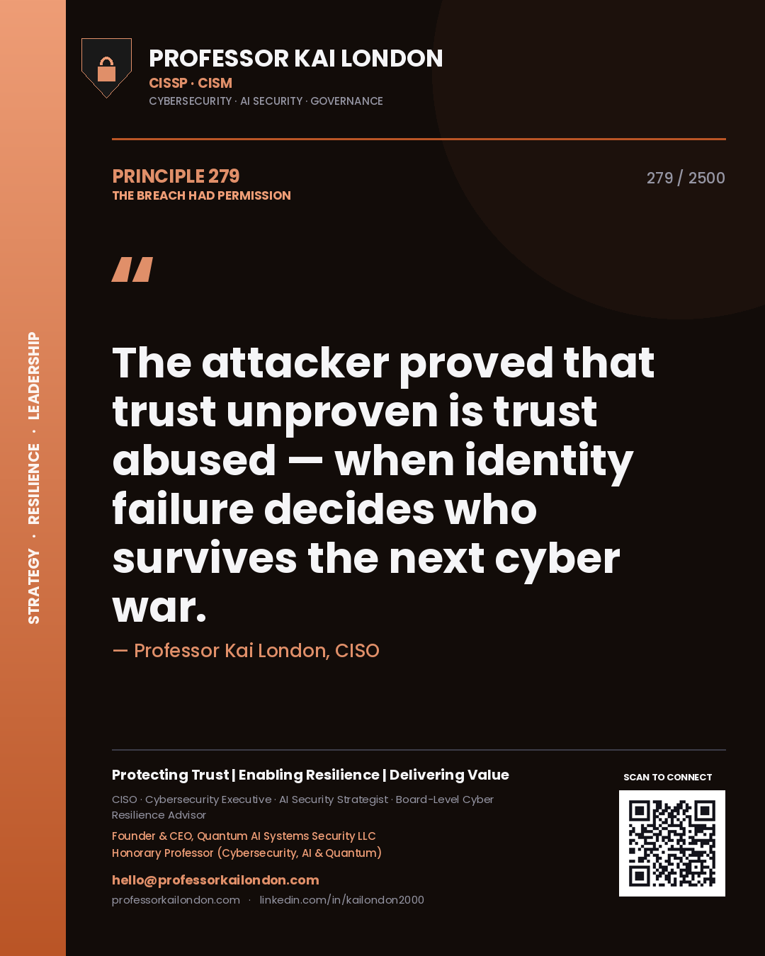 Quote card by Professor Kai London reading 'The attacker proved that trust unproven is trust abused — when identity failure decides who survives the next cyber war.'. From the book The Breach Had Permission.