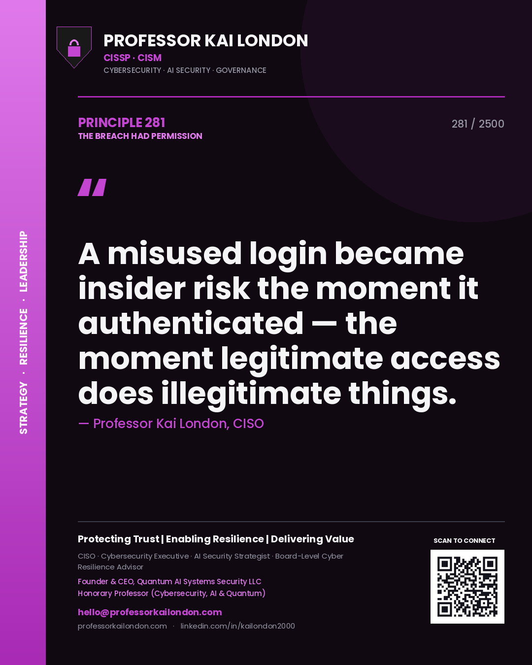Professor Kai London principle 281: A misused login became insider risk the moment it authenticated — the moment legitimate access does illegitimate things.