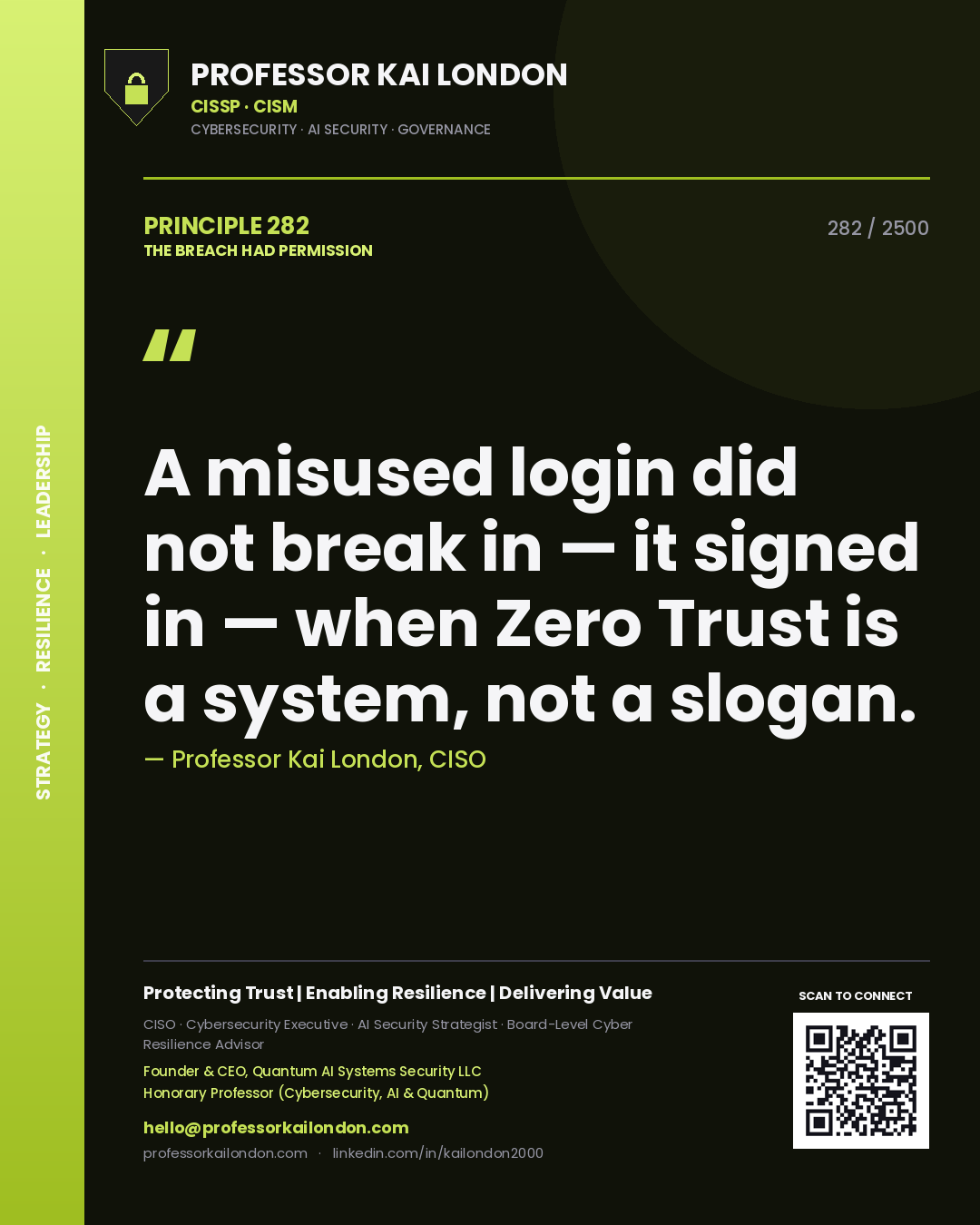 Quote card by Professor Kai London reading 'A misused login did not break in — it signed in — when Zero Trust is a system, not a slogan.'. From the book The Breach Had Permission.