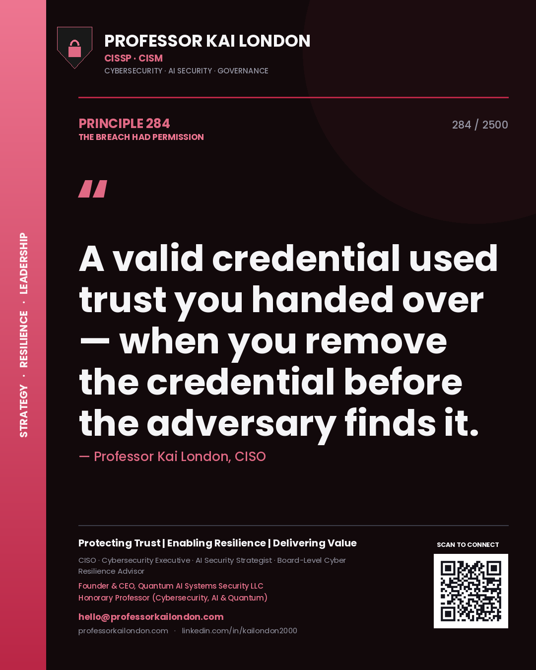Quote card by Professor Kai London reading 'A valid credential used trust you handed over — when you remove the credential before the adversary finds it.'. From the book The Breach Had Permission.