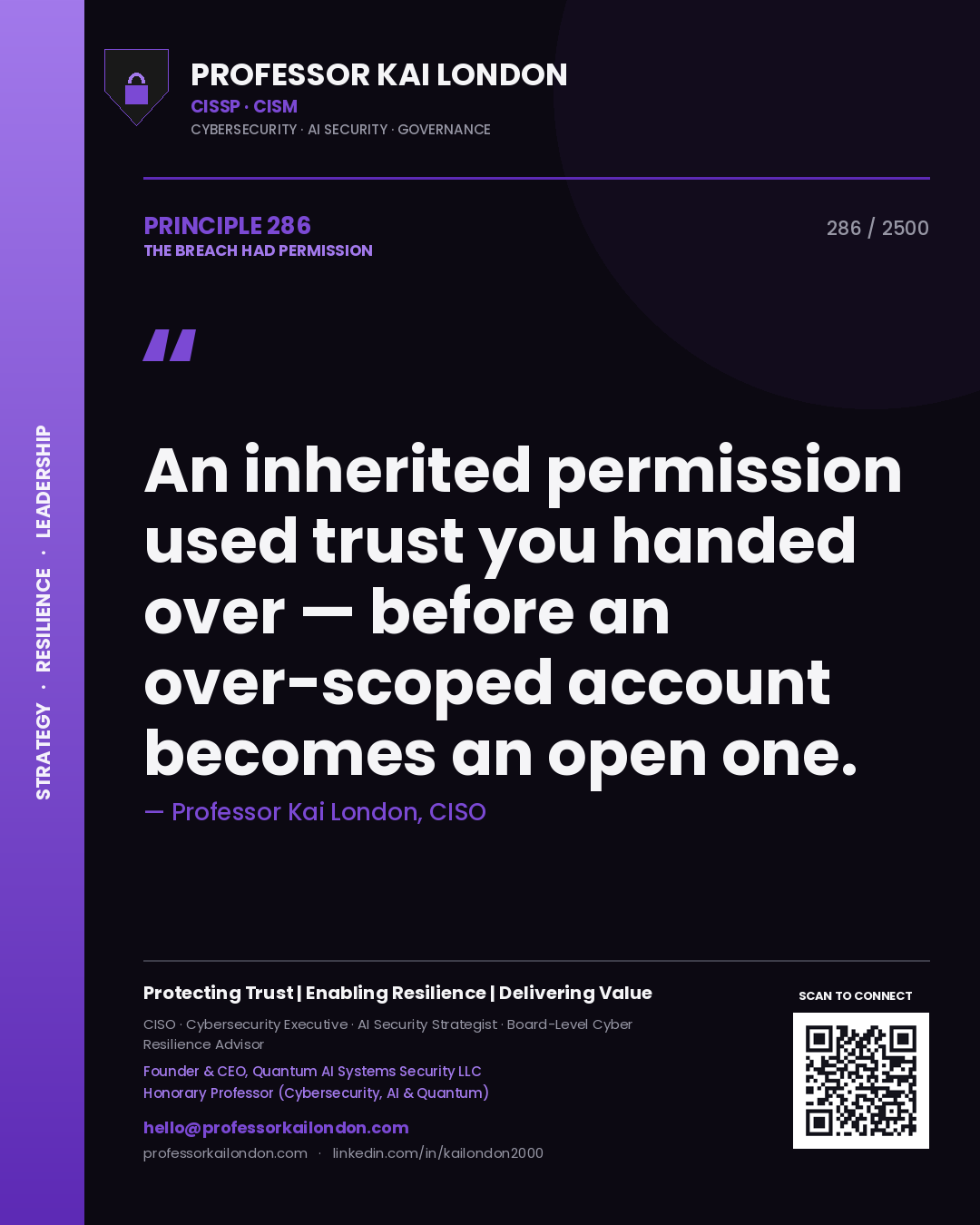 Professor Kai London principle 286: An inherited permission used trust you handed over — before an over-scoped account becomes an open one.