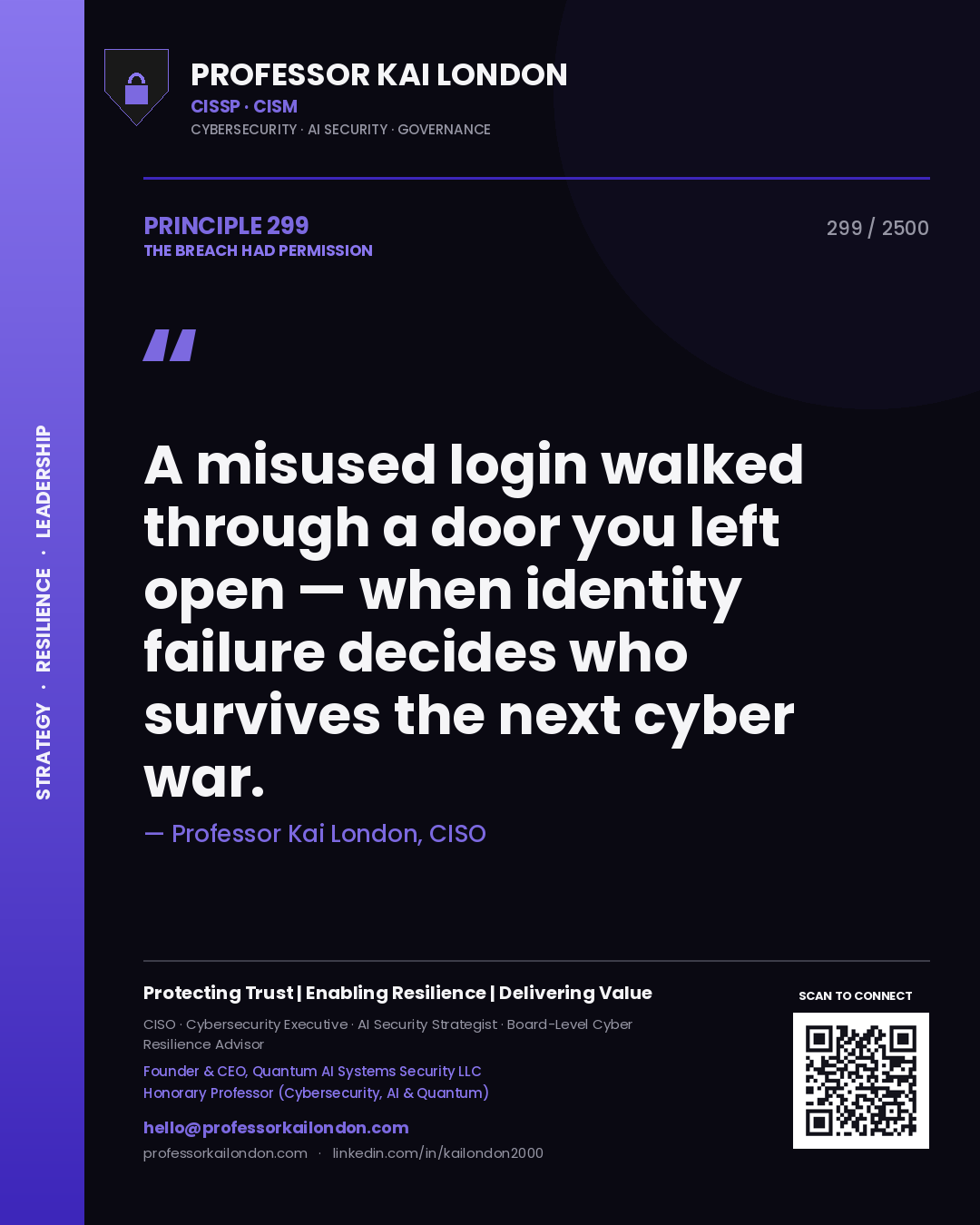 Professor Kai London principle 299: A misused login walked through a door you left open — when identity failure decides who survives the next cyber war.