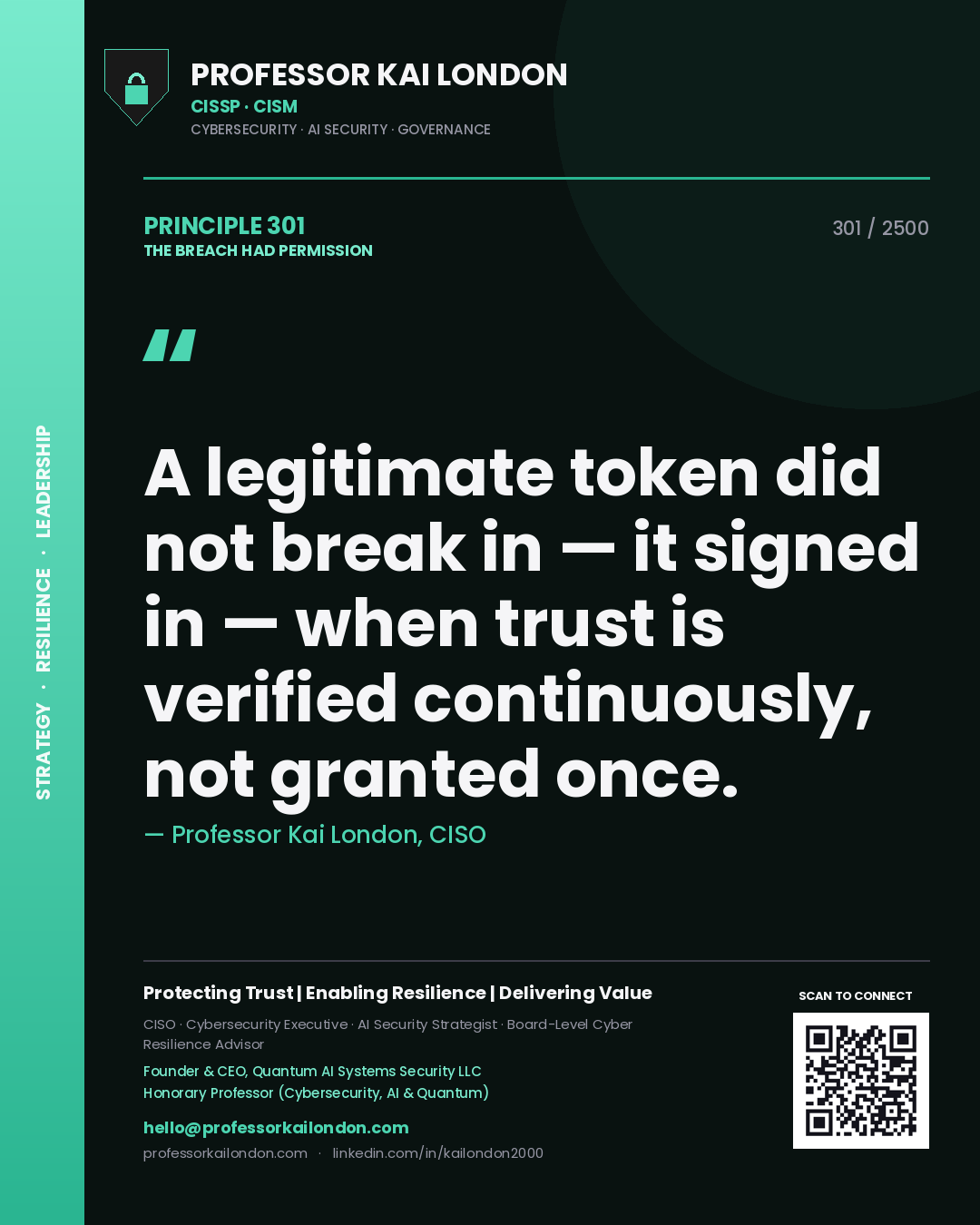 Quote card by Professor Kai London reading 'A legitimate token did not break in — it signed in — when trust is verified continuously, not granted once.'. From the book The Breach Had Permission.