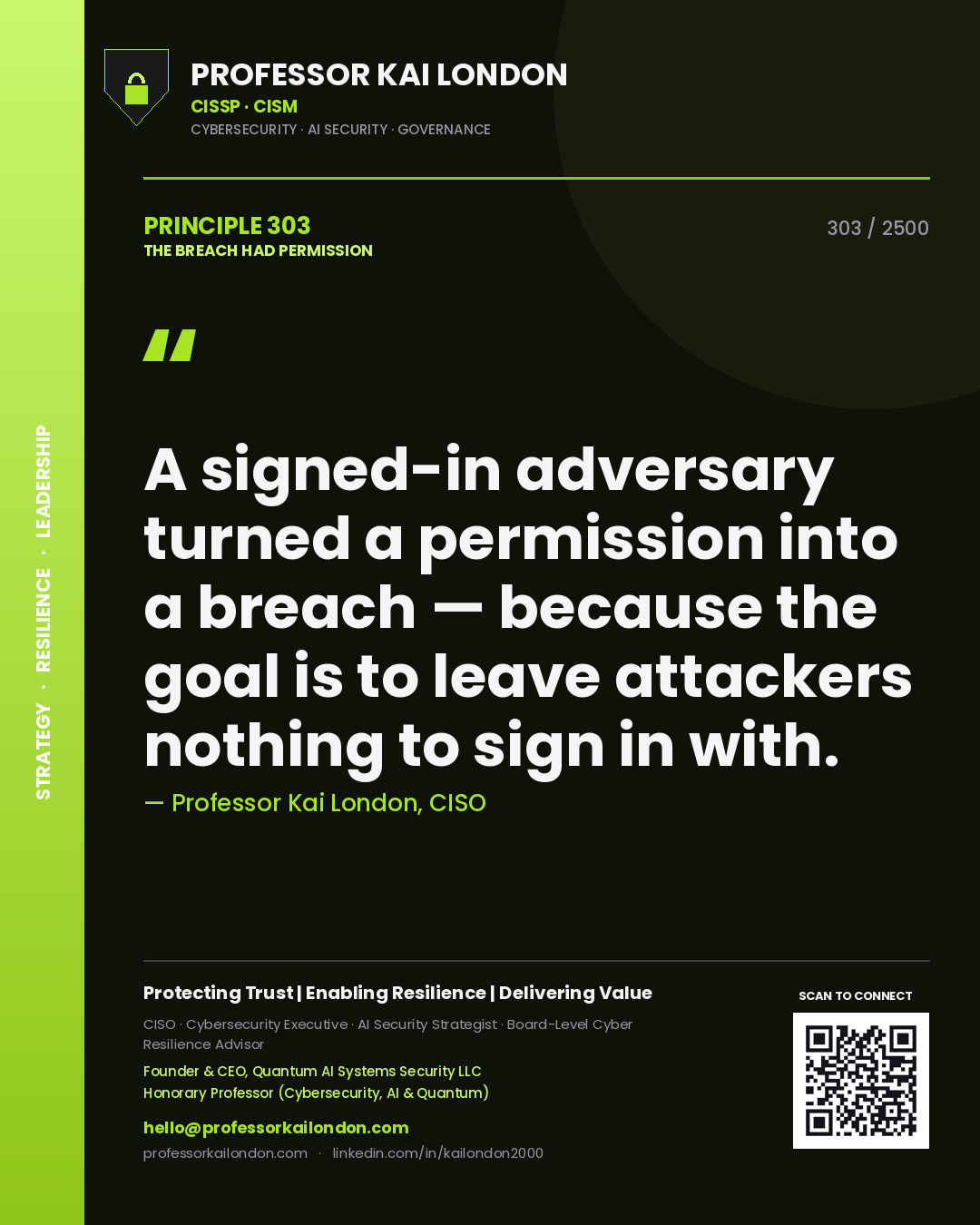 Professor Kai London principle 303: A signed-in adversary turned a permission into a breach — because the goal is to leave attackers nothing to sign in with.