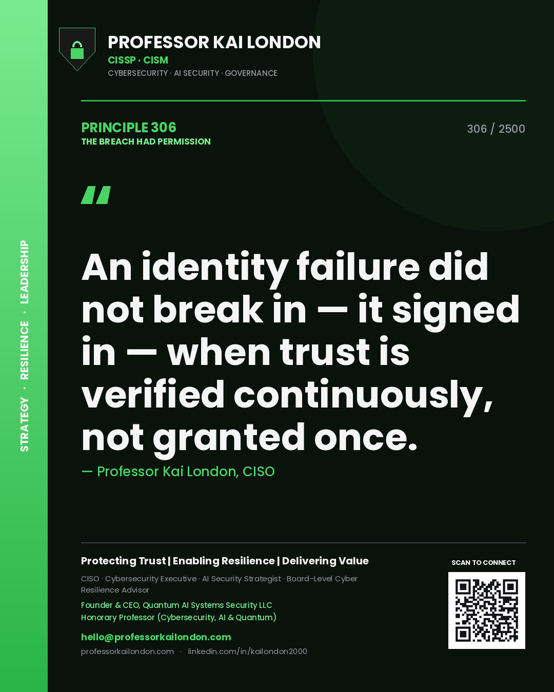 Quote card by Professor Kai London reading 'An identity failure did not break in — it signed in — when trust is verified continuously, not granted once.'. From the book The Breach Had Permission.