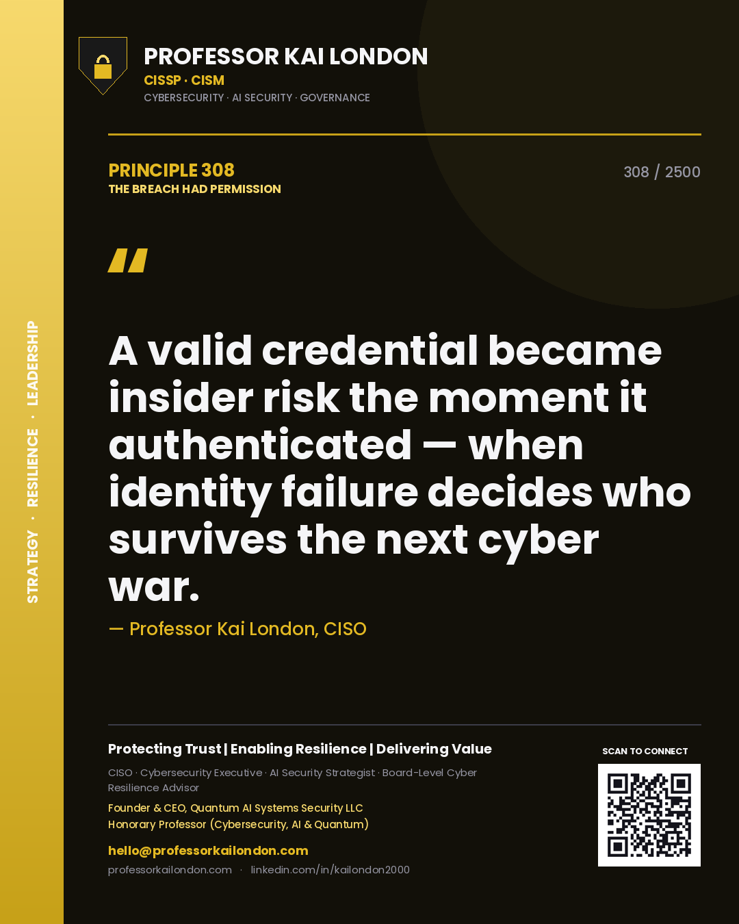 Professor Kai London principle 308: A valid credential became insider risk the moment it authenticated — when identity failure decides who survives the next cyber war.