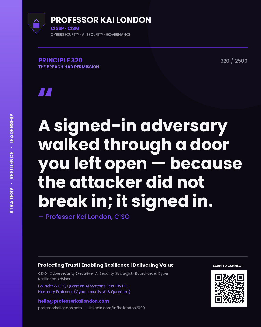 Professor Kai London principle 320: A signed-in adversary walked through a door you left open — because the attacker did not break in; it signed in.
