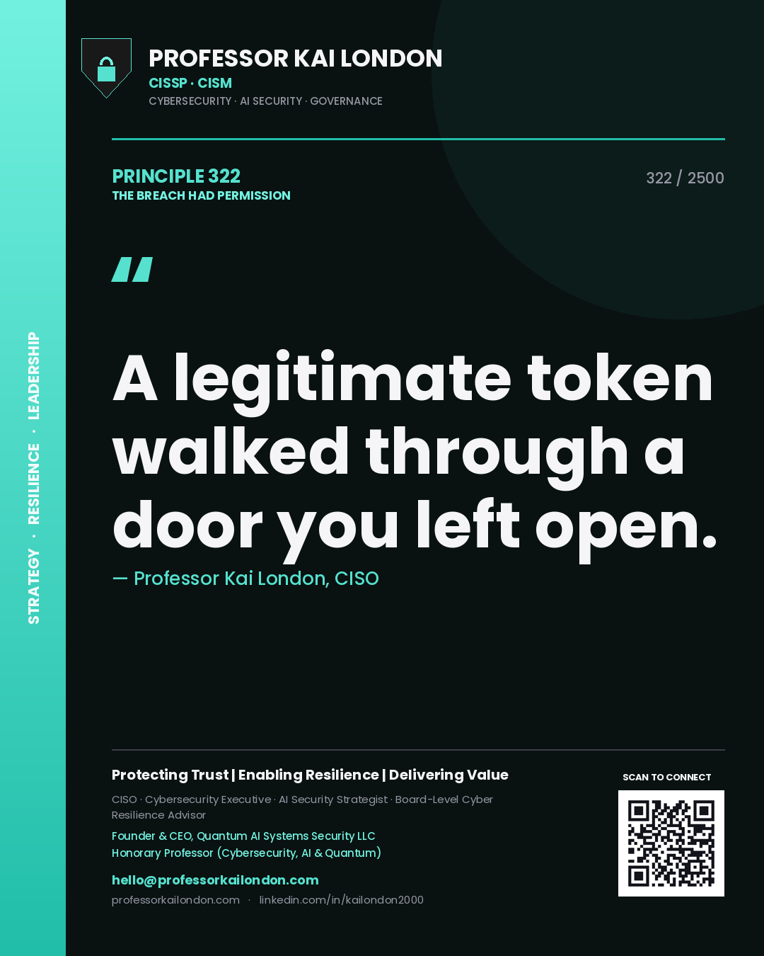 Quote card by Professor Kai London reading 'A legitimate token walked through a door you left open.'. From the book The Breach Had Permission.