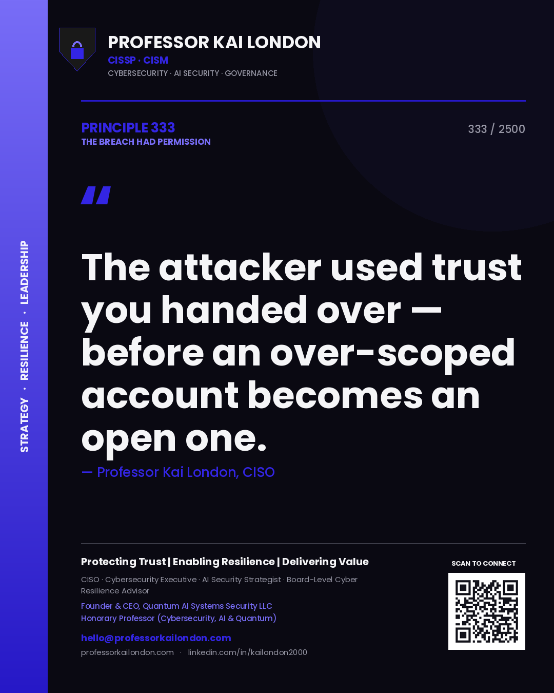 Professor Kai London principle 333: The attacker used trust you handed over — before an over-scoped account becomes an open one.