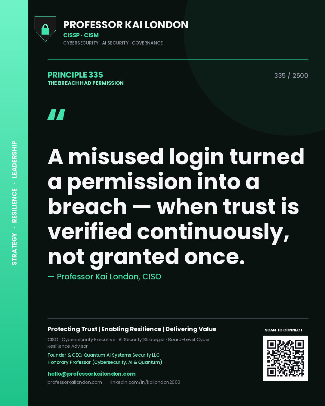 Professor Kai London principle 335: A misused login turned a permission into a breach — when trust is verified continuously, not granted once.