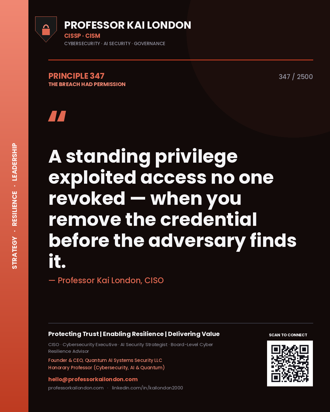 Professor Kai London principle 347: A standing privilege exploited access no one revoked — when you remove the credential before the adversary finds it.