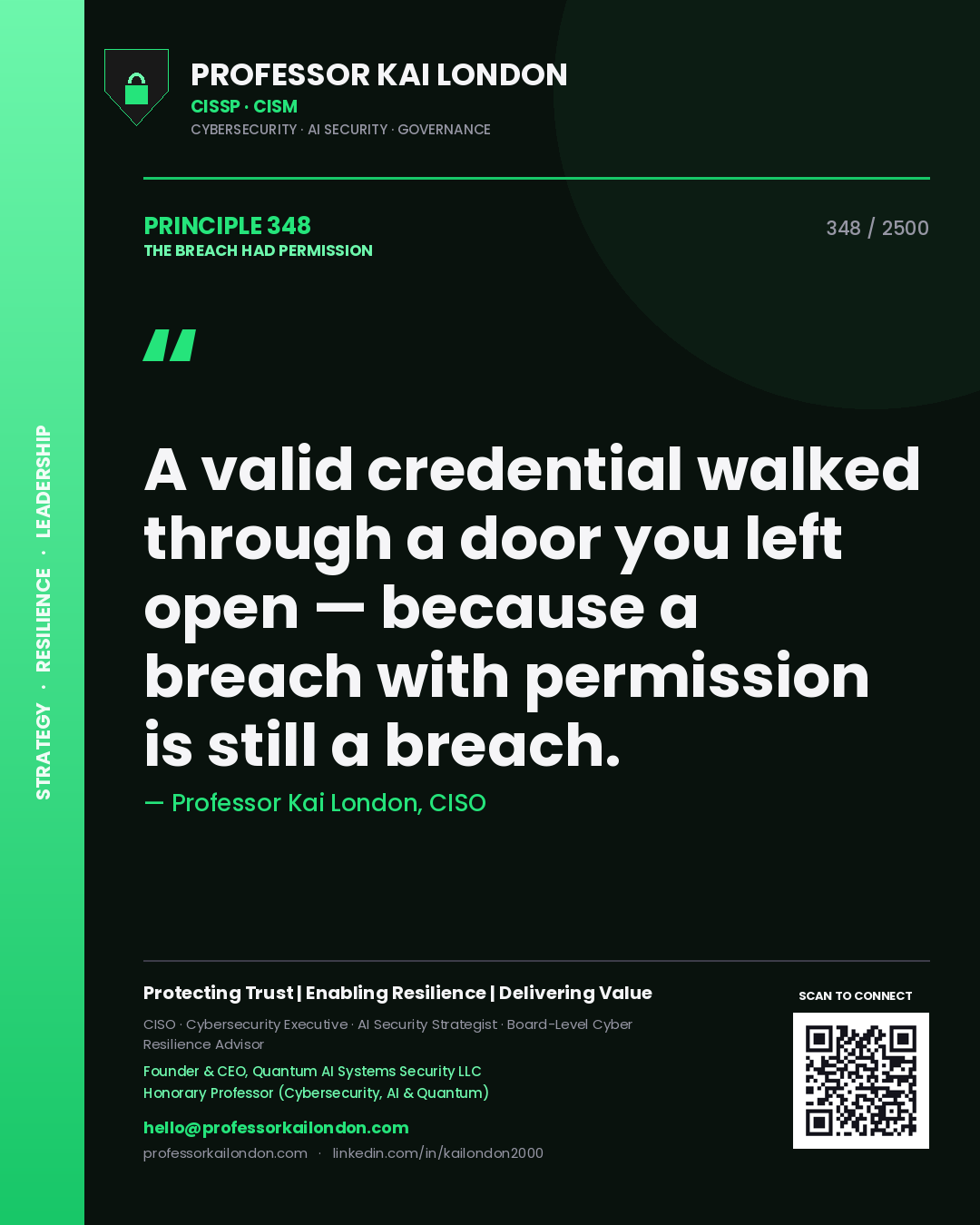 Professor Kai London principle 348: A valid credential walked through a door you left open — because a breach with permission is still a breach.