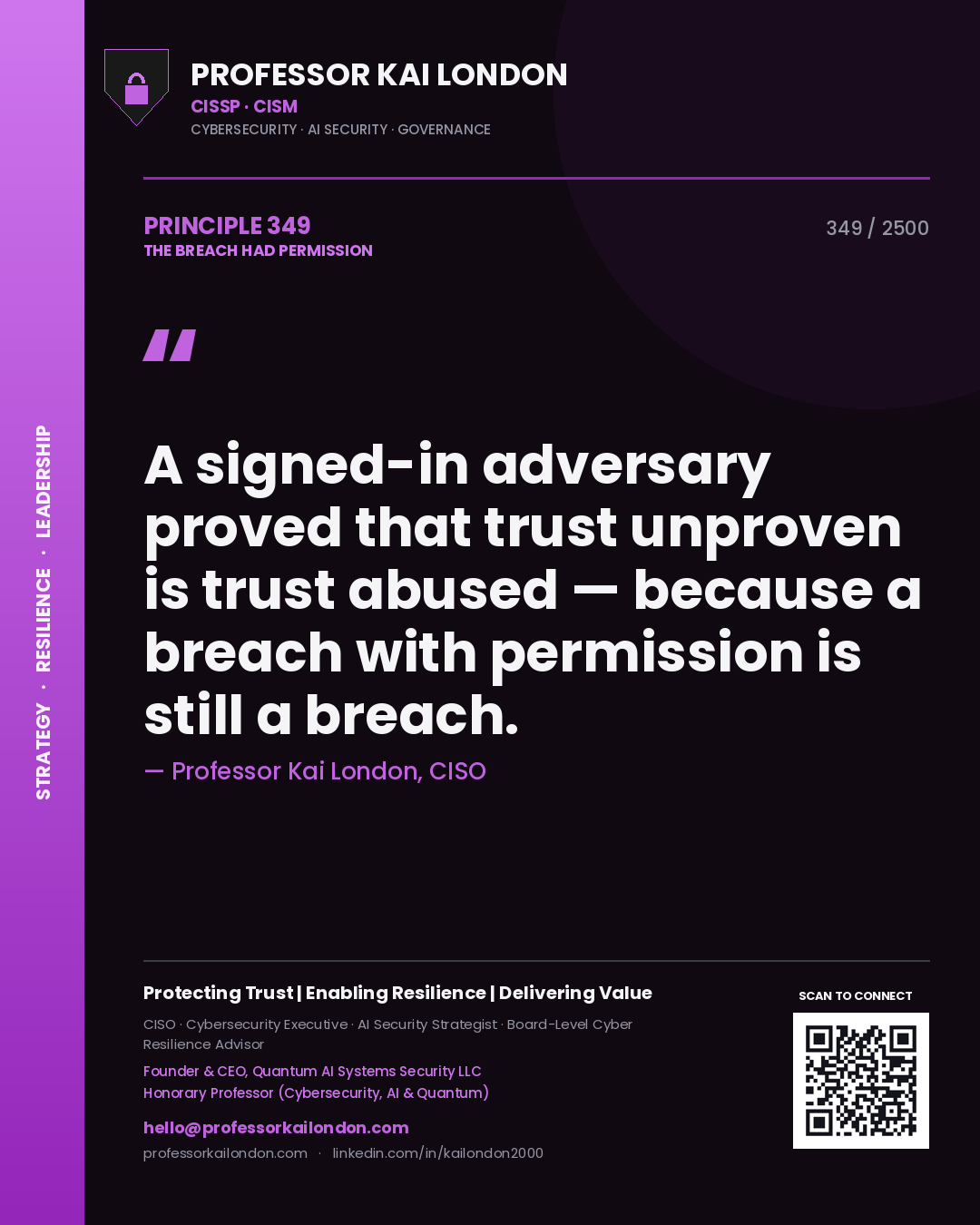 Professor Kai London principle 349: A signed-in adversary proved that trust unproven is trust abused — because a breach with permission is still a breach.