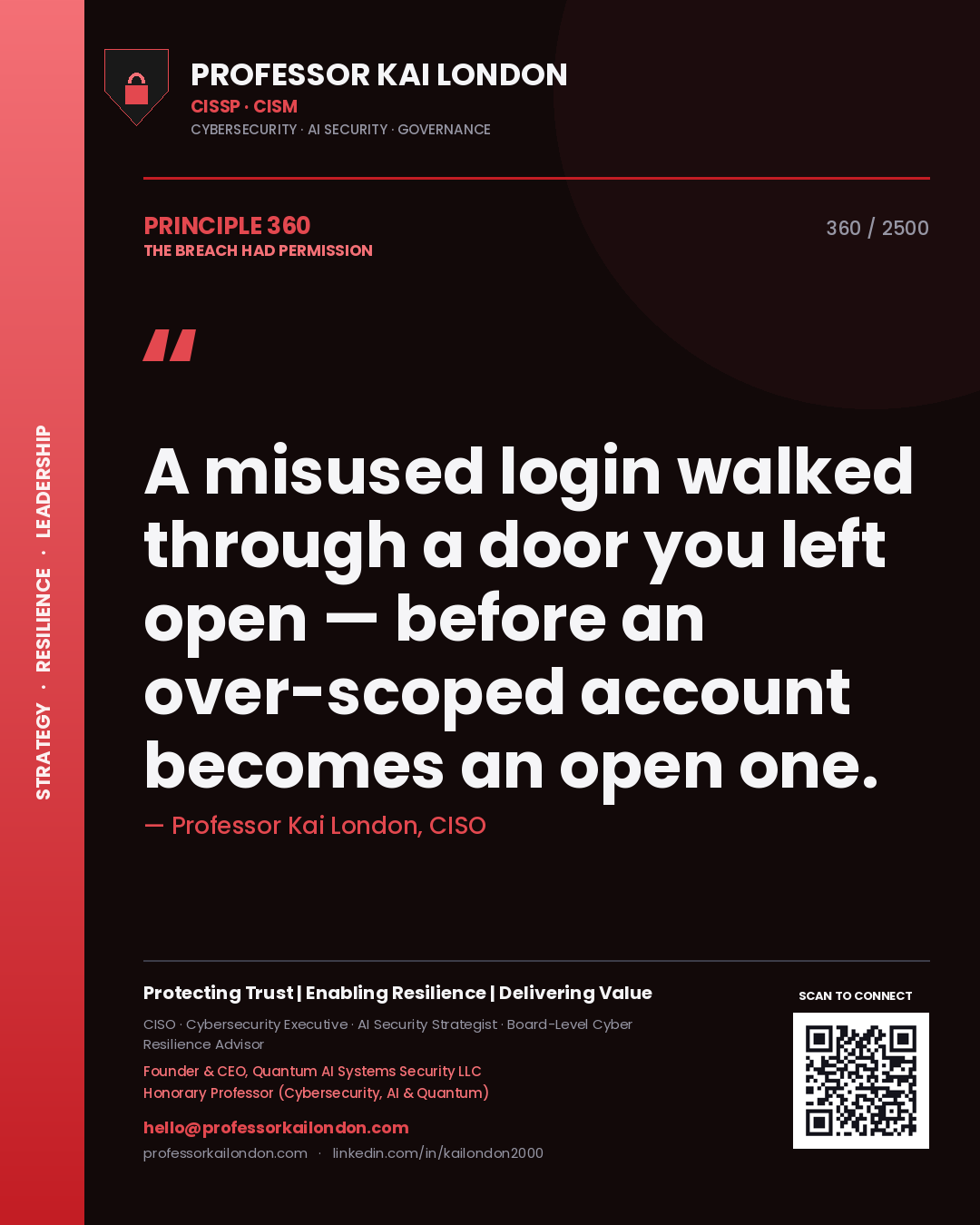 Professor Kai London principle 360: A misused login walked through a door you left open — before an over-scoped account becomes an open one.