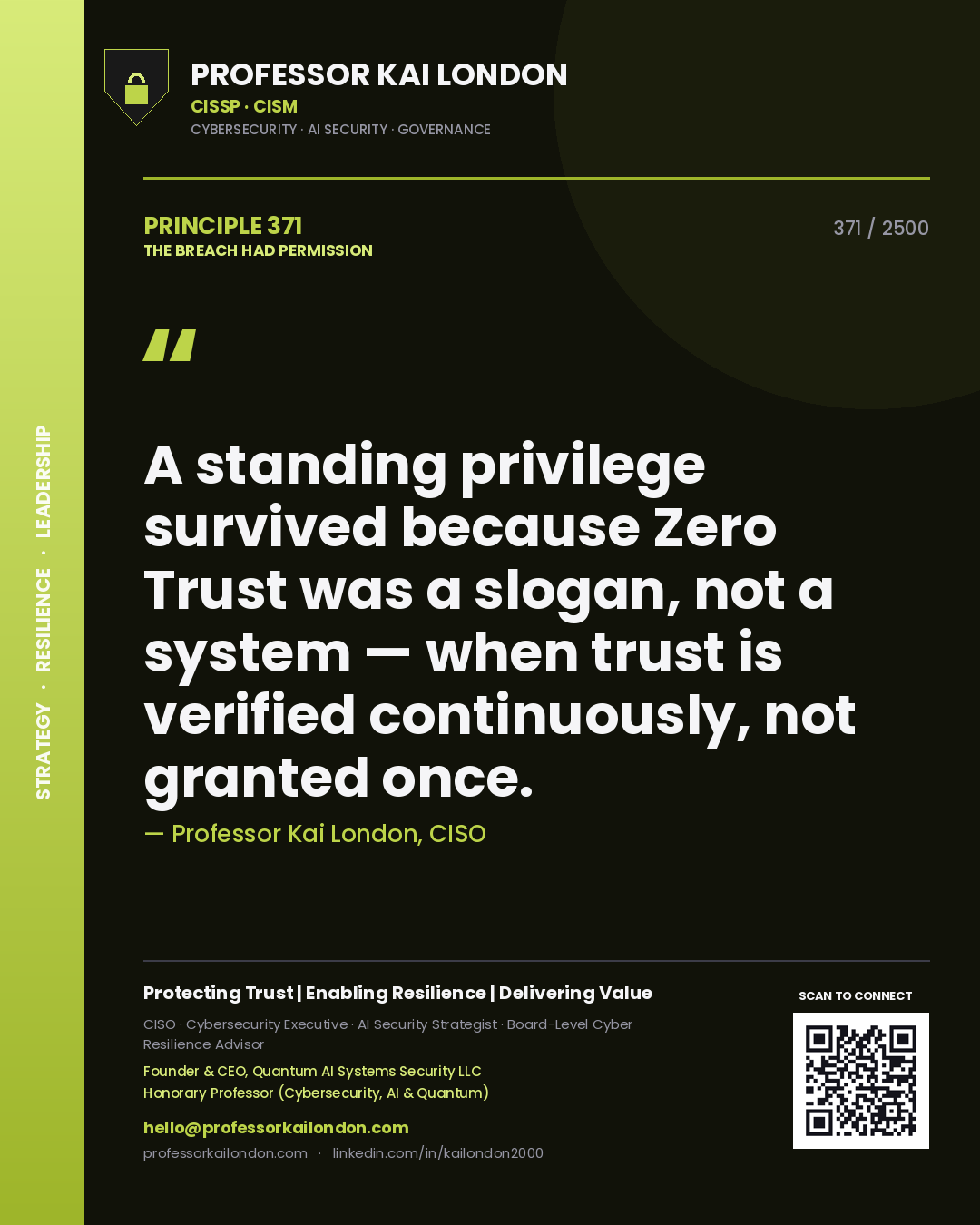 Professor Kai London principle 371: A standing privilege survived because Zero Trust was a slogan, not a system — when trust is verified continuously, not granted once.