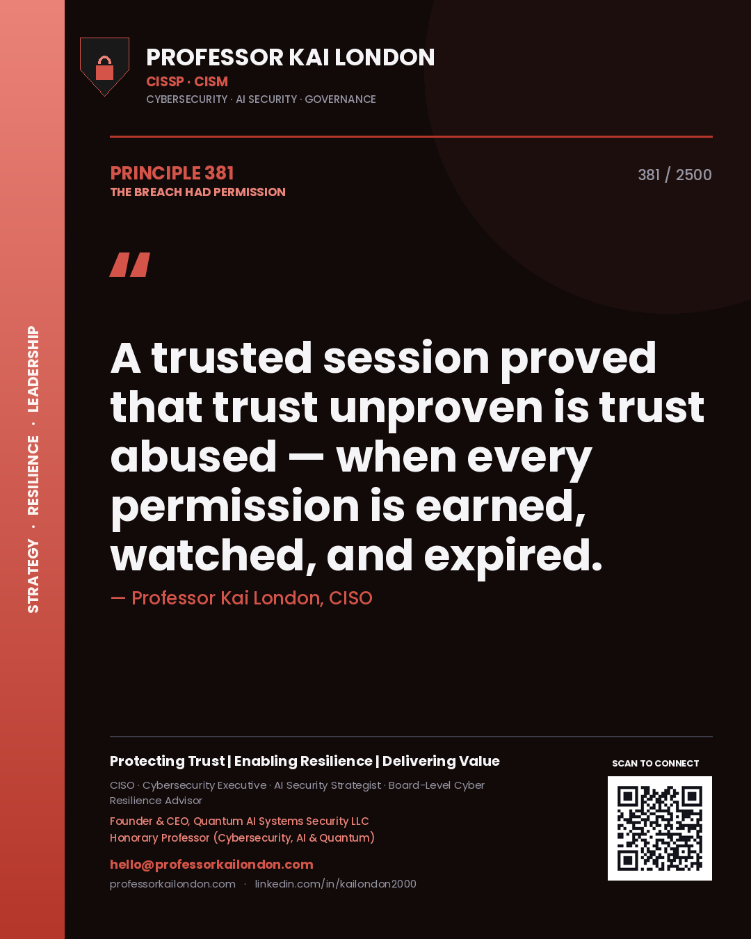 Quote card by Professor Kai London reading 'A trusted session proved that trust unproven is trust abused — when every permission is earned, watched, and expired.'. From the book The Breach Had Permission.