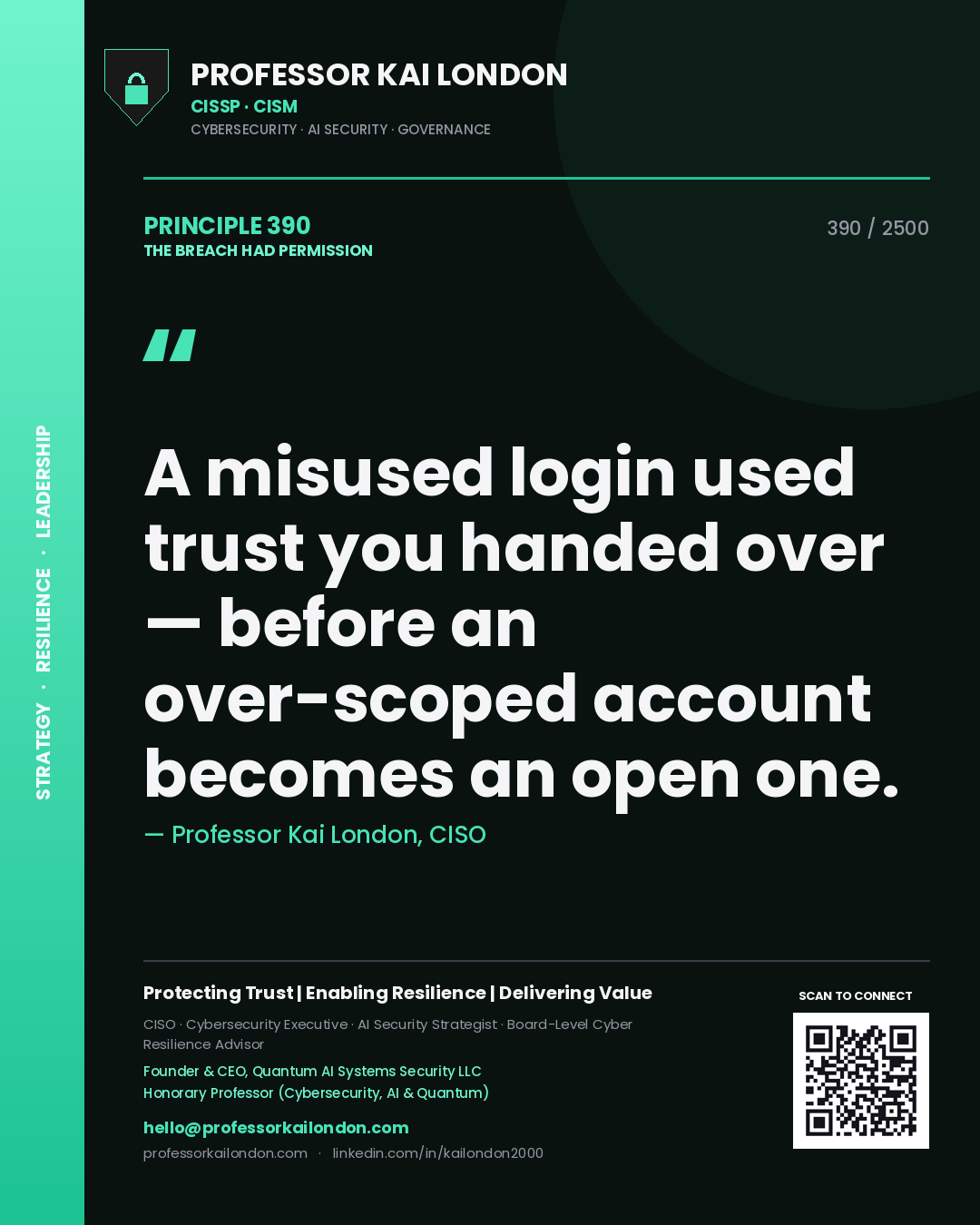 Professor Kai London principle 390: A misused login used trust you handed over — before an over-scoped account becomes an open one.