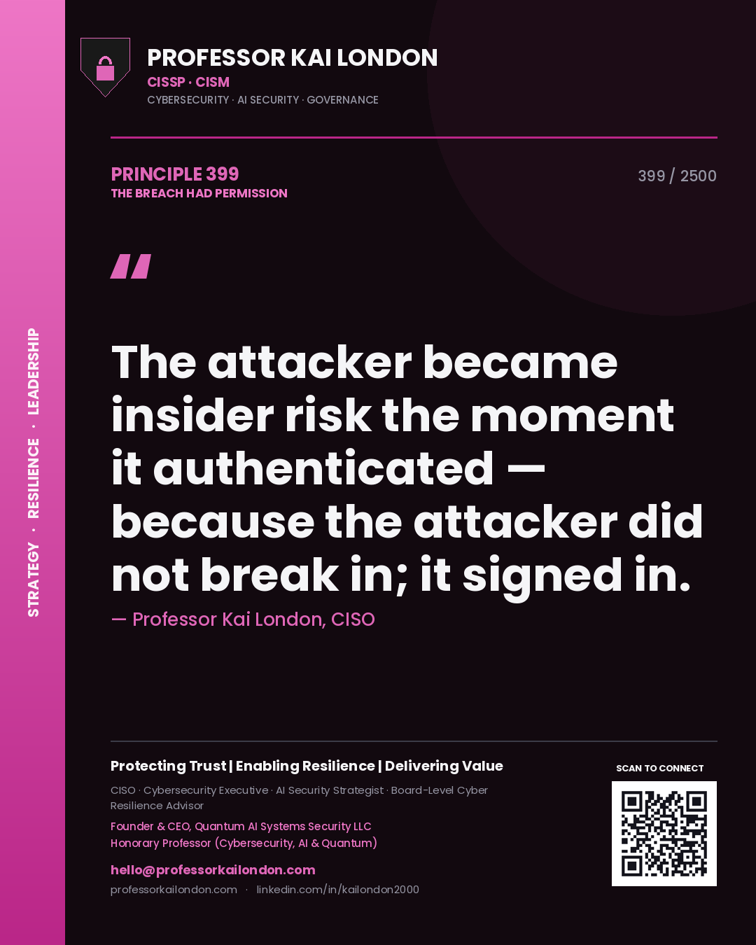 Professor Kai London principle 399: The attacker became insider risk the moment it authenticated — because the attacker did not break in; it signed in.
