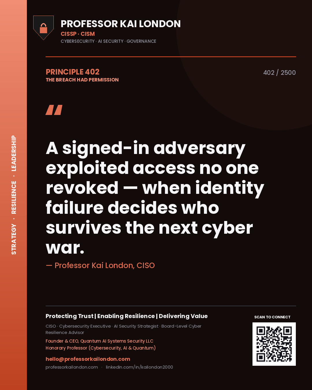Professor Kai London principle 402: A signed-in adversary exploited access no one revoked — when identity failure decides who survives the next cyber war.