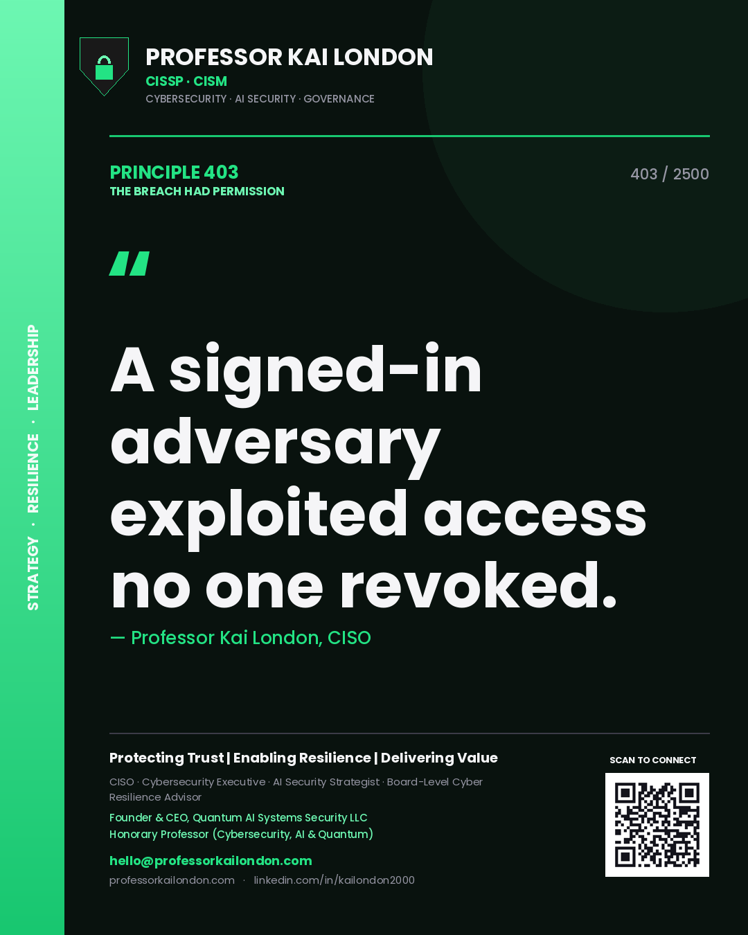 Professor Kai London principle 403: A signed-in adversary exploited access no one revoked.