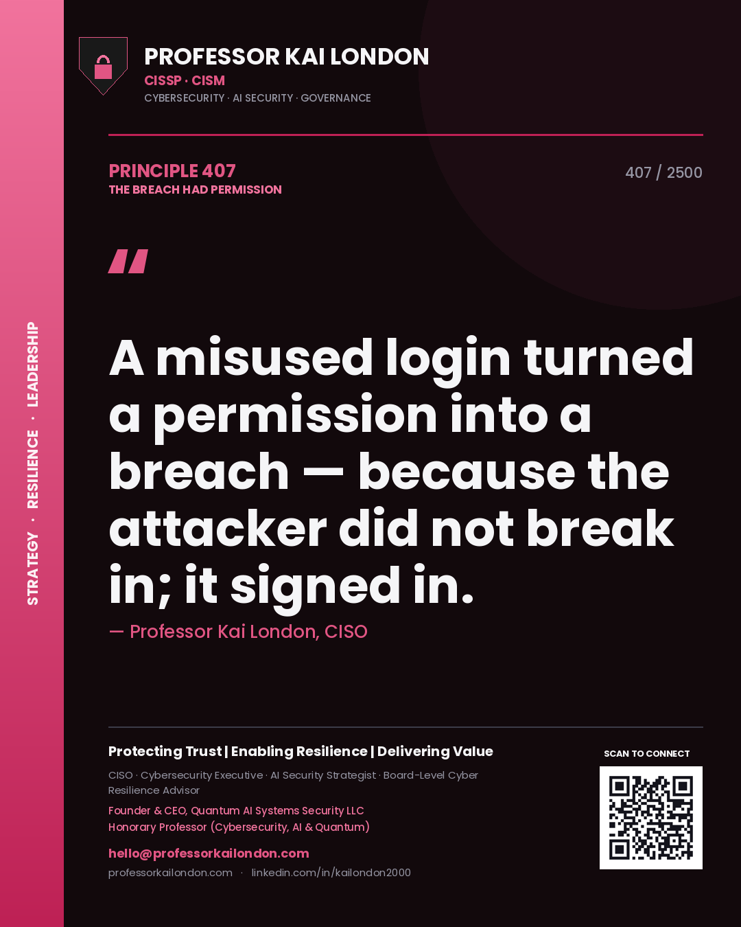 Professor Kai London principle 407: A misused login turned a permission into a breach — because the attacker did not break in; it signed in.