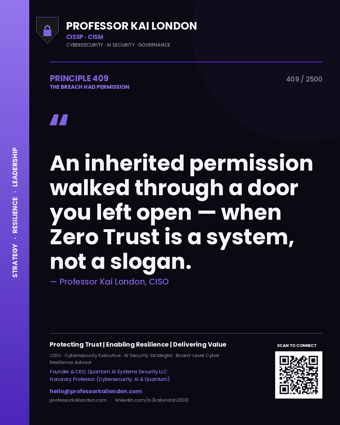 Professor Kai London principle 409: An inherited permission walked through a door you left open — when Zero Trust is a system, not a slogan.