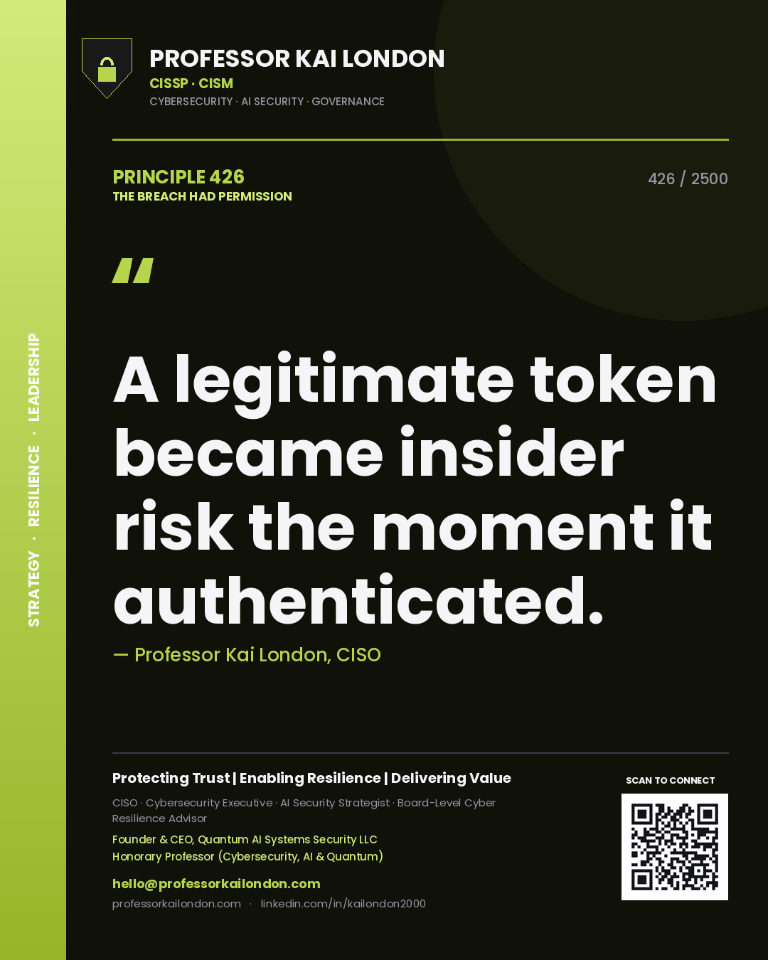 Professor Kai London principle 426: A legitimate token became insider risk the moment it authenticated.
