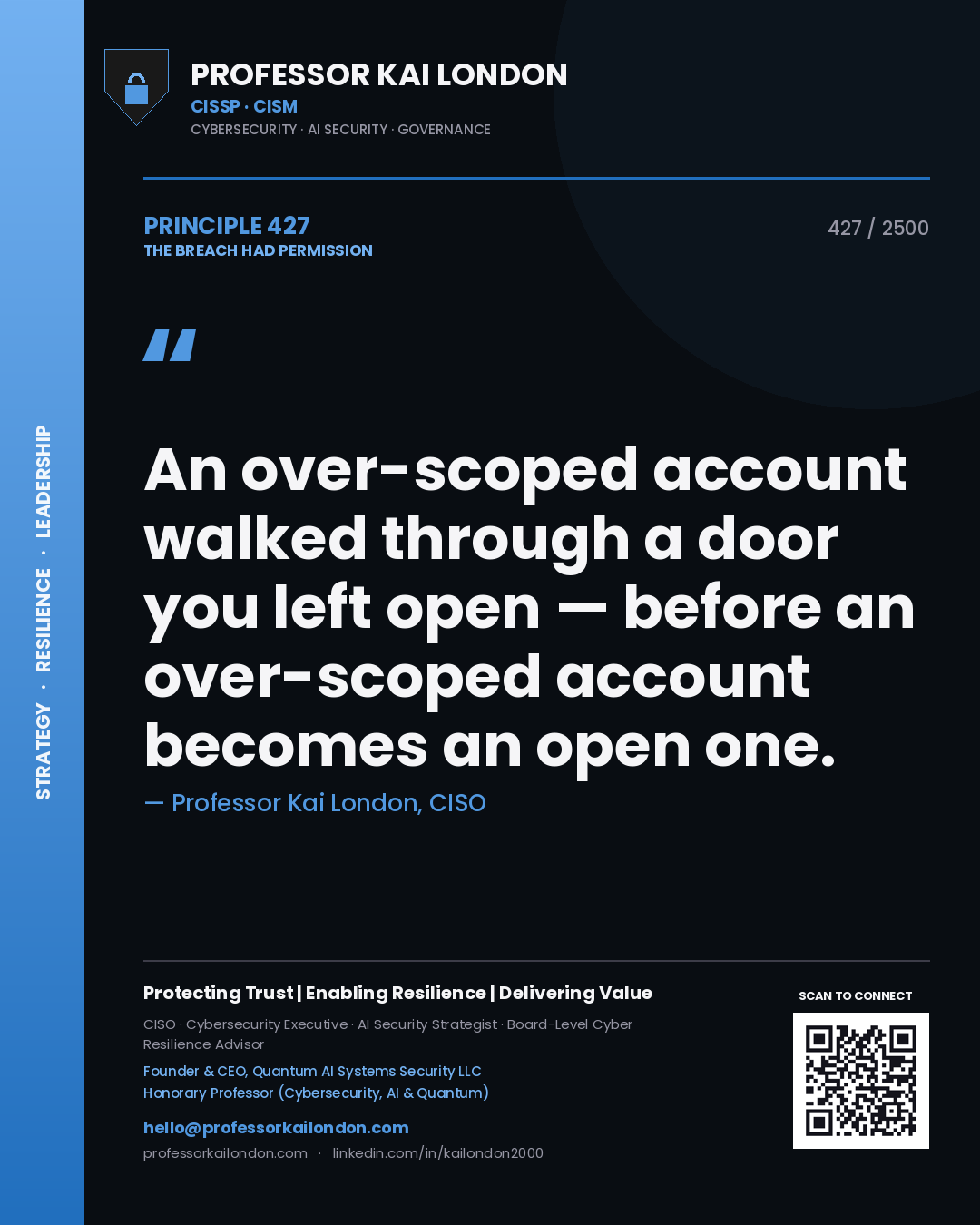 Professor Kai London principle 427: An over-scoped account walked through a door you left open — before an over-scoped account becomes an open one.