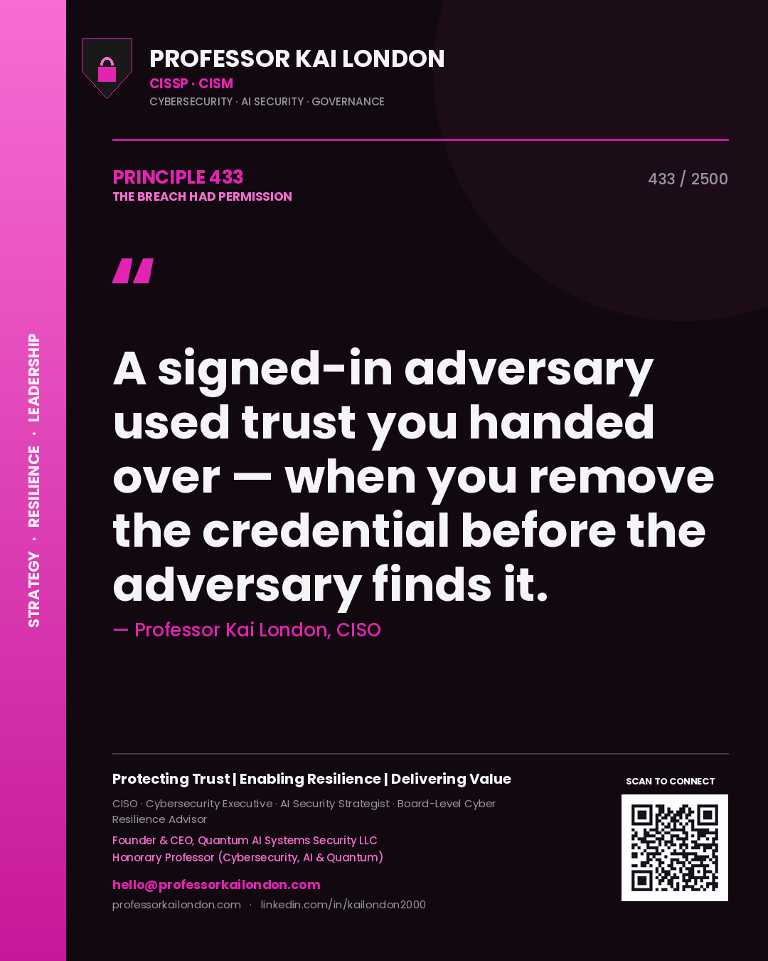 Professor Kai London principle 433: A signed-in adversary used trust you handed over — when you remove the credential before the adversary finds it.