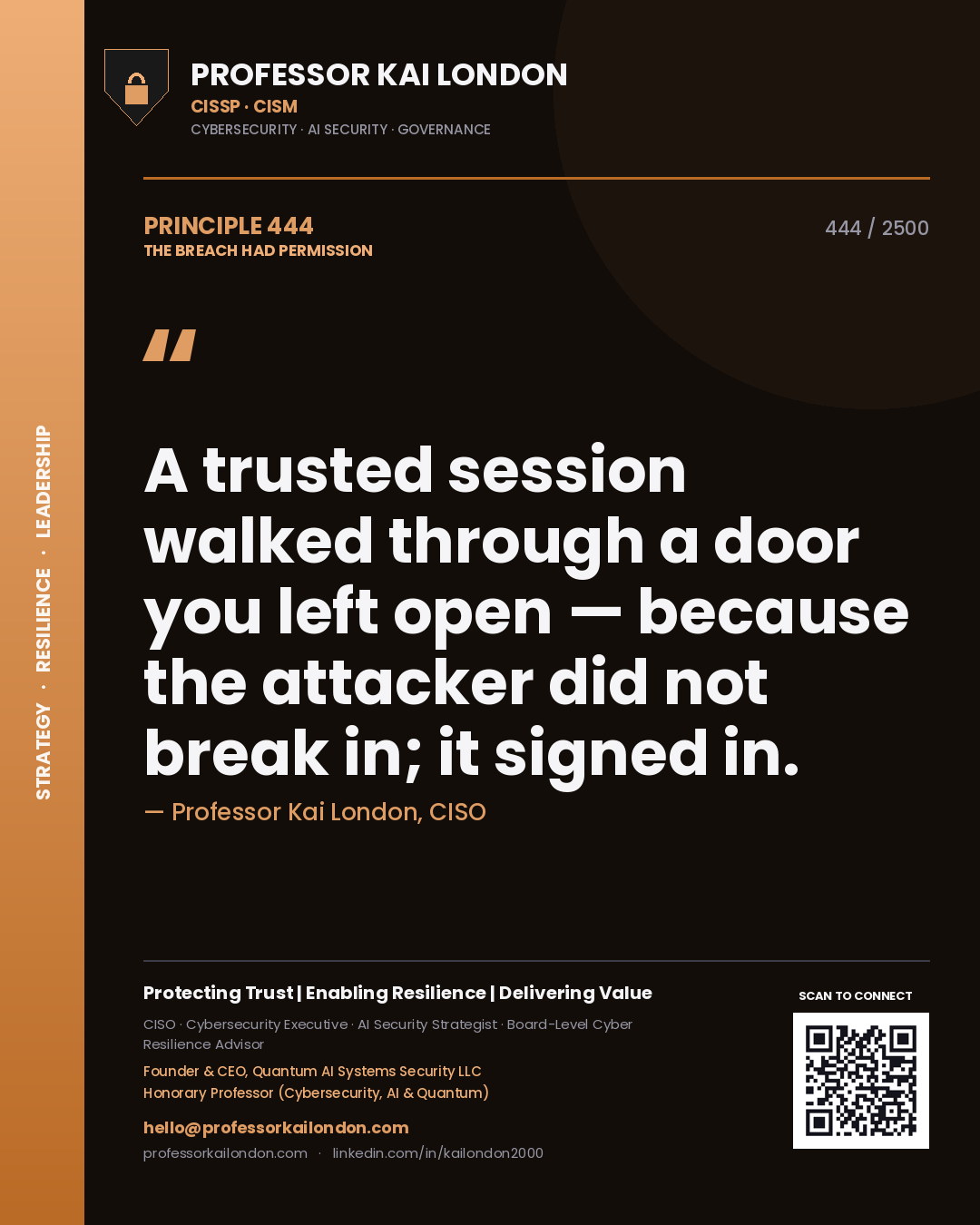 Professor Kai London principle 444: A trusted session walked through a door you left open — because the attacker did not break in; it signed in.