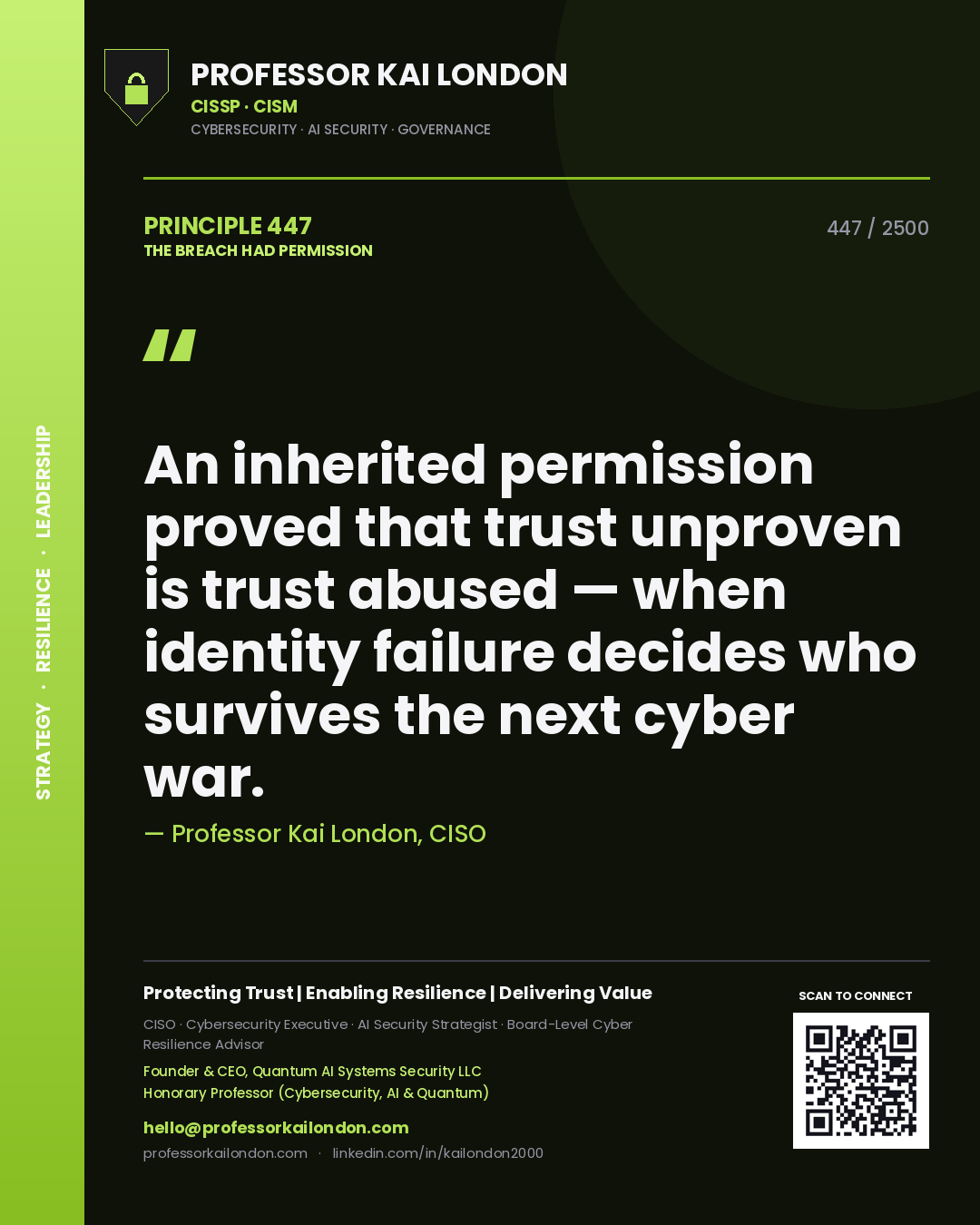 Professor Kai London principle 447: An inherited permission proved that trust unproven is trust abused — when identity failure decides who survives the next cyber war.