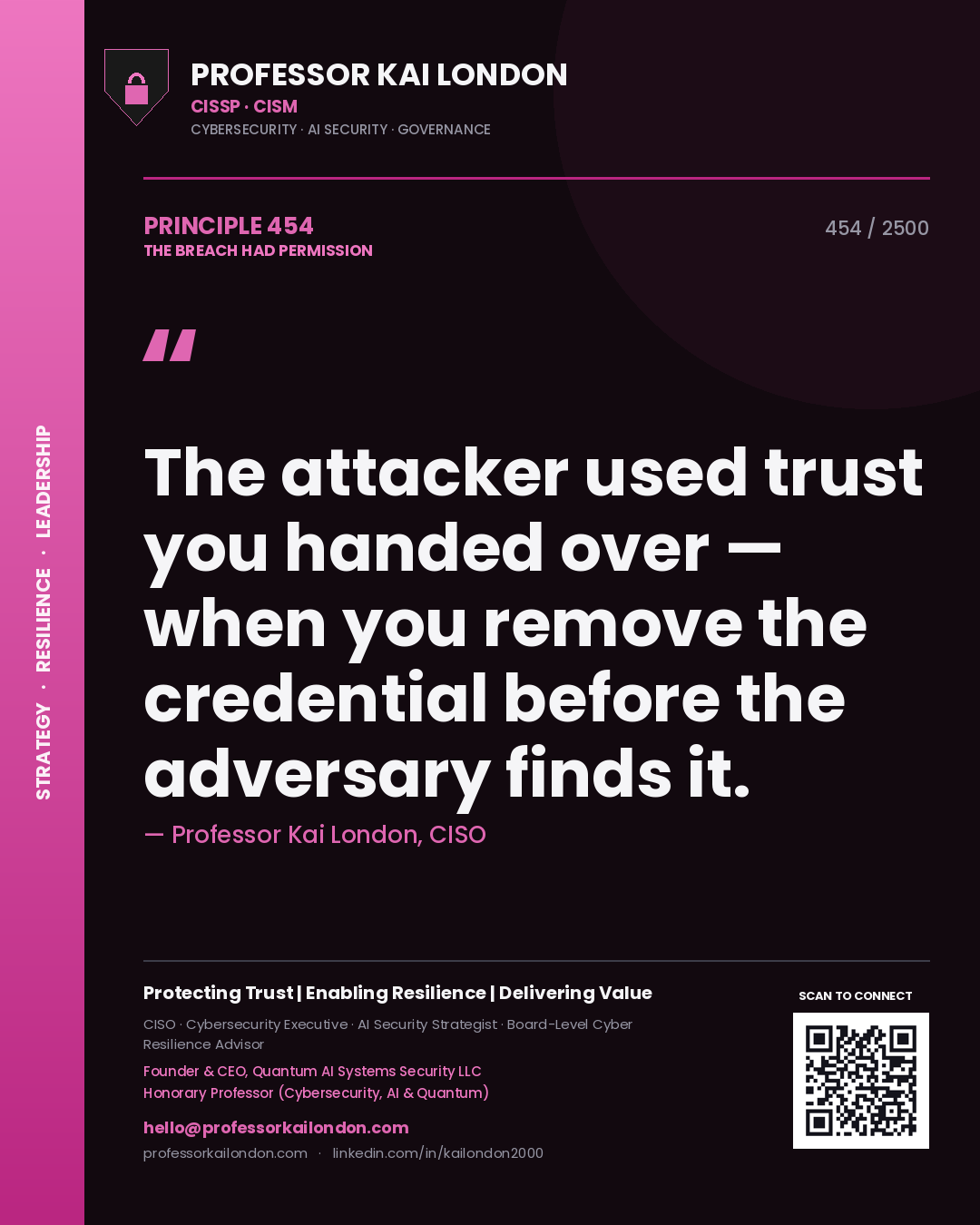 Professor Kai London principle 454: The attacker used trust you handed over — when you remove the credential before the adversary finds it.