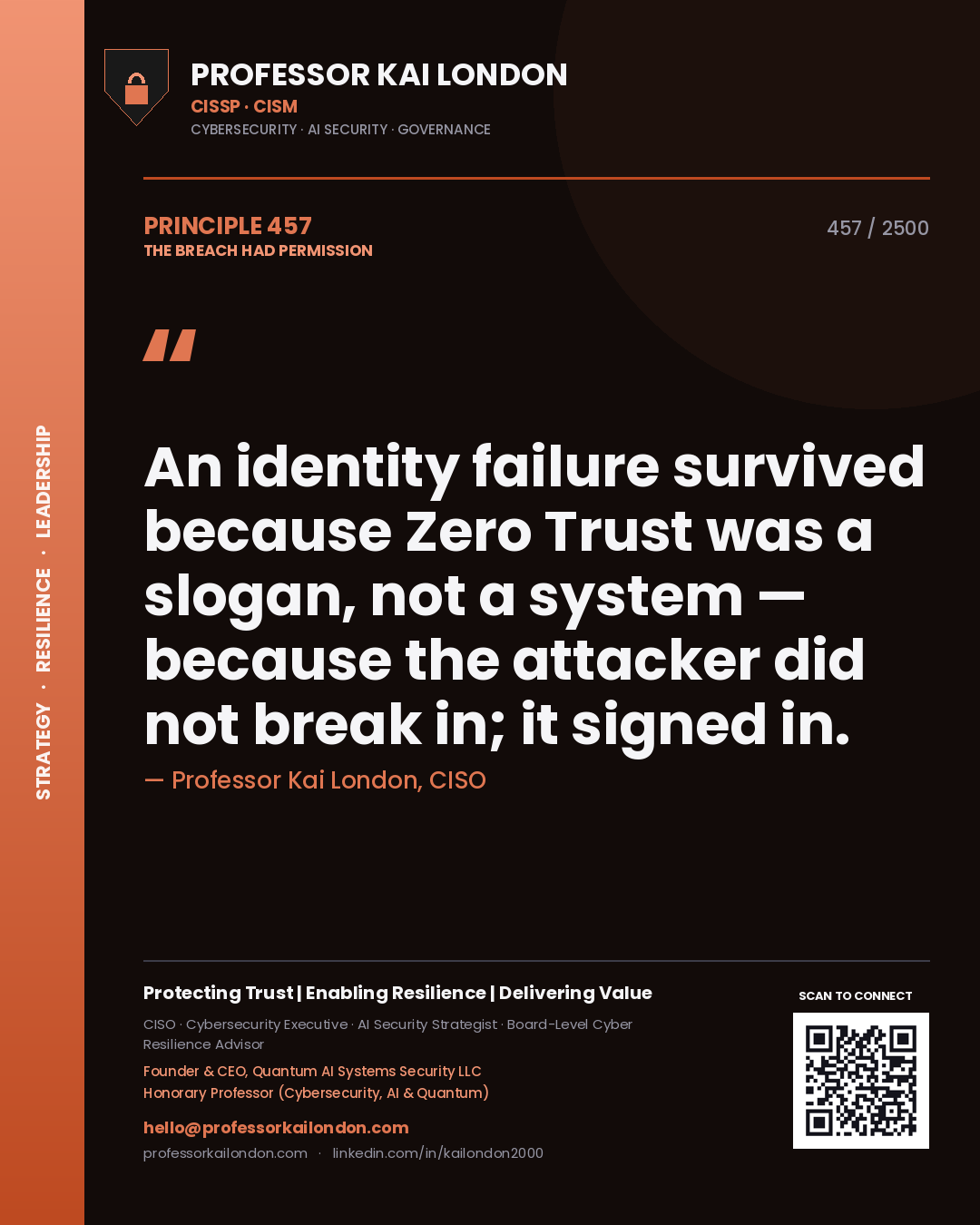 Professor Kai London principle 457: An identity failure survived because Zero Trust was a slogan, not a system — because the attacker did not break in; it signed in.