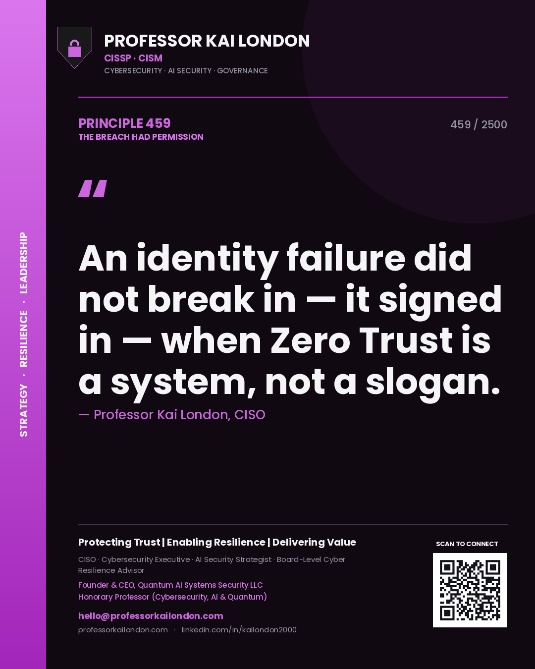 Professor Kai London principle 459: An identity failure did not break in — it signed in — when Zero Trust is a system, not a slogan.