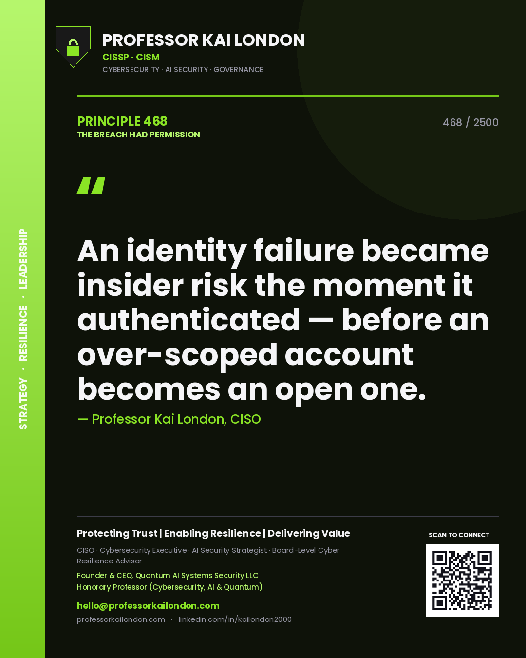 Professor Kai London principle 468: An identity failure became insider risk the moment it authenticated — before an over-scoped account becomes an open one.