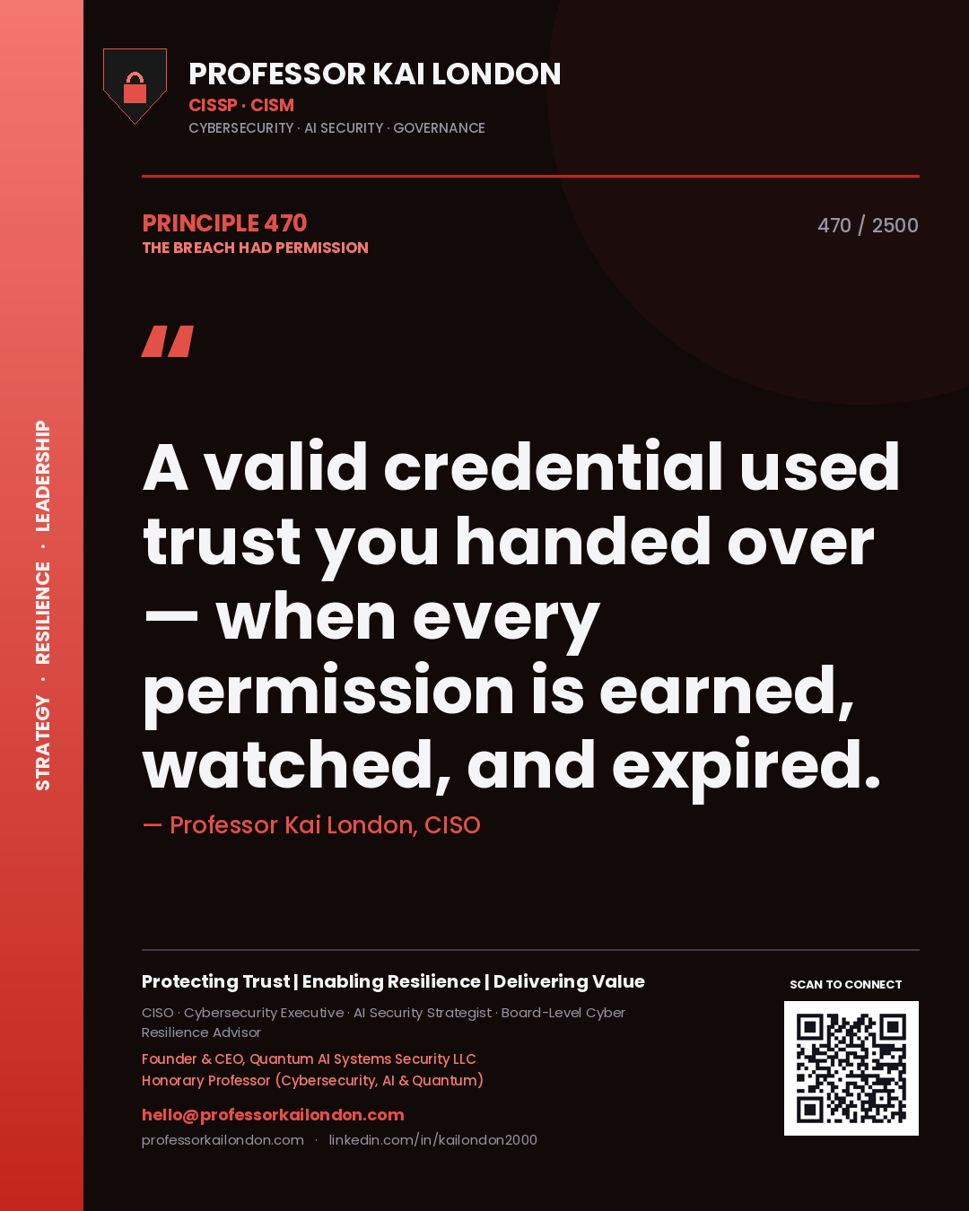 Professor Kai London principle 470: A valid credential used trust you handed over — when every permission is earned, watched, and expired.
