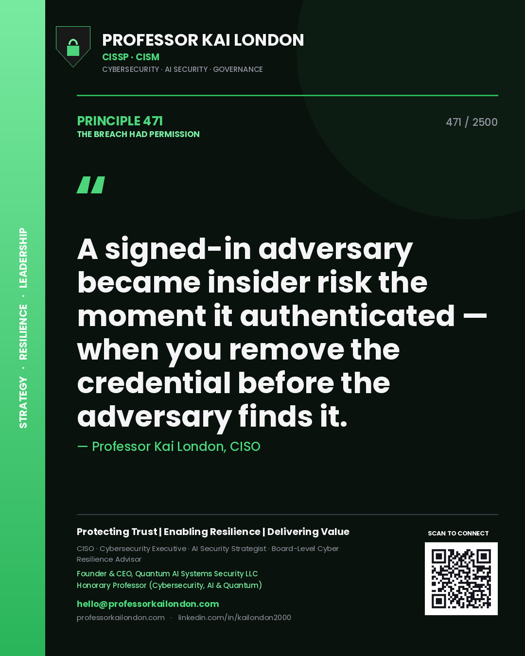 Professor Kai London principle 471: A signed-in adversary became insider risk the moment it authenticated — when you remove the credential before the adversary finds it.