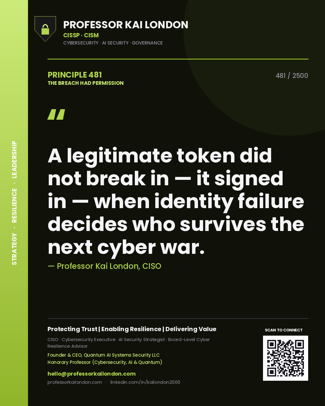 Professor Kai London principle 481: A legitimate token did not break in — it signed in — when identity failure decides who survives the next cyber war.