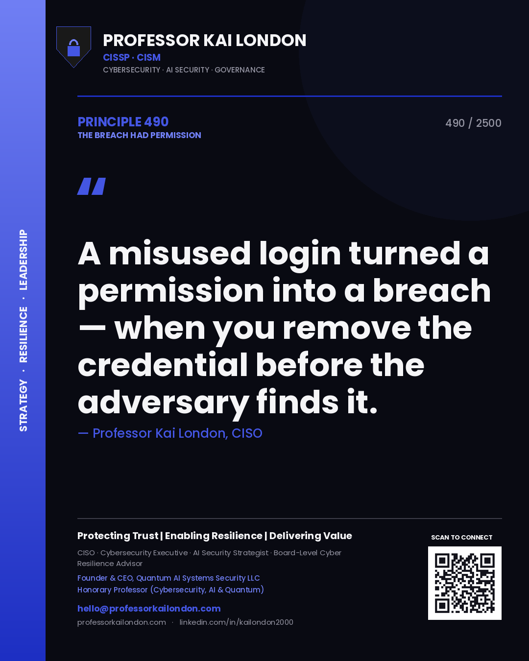 Professor Kai London principle 490: A misused login turned a permission into a breach — when you remove the credential before the adversary finds it.