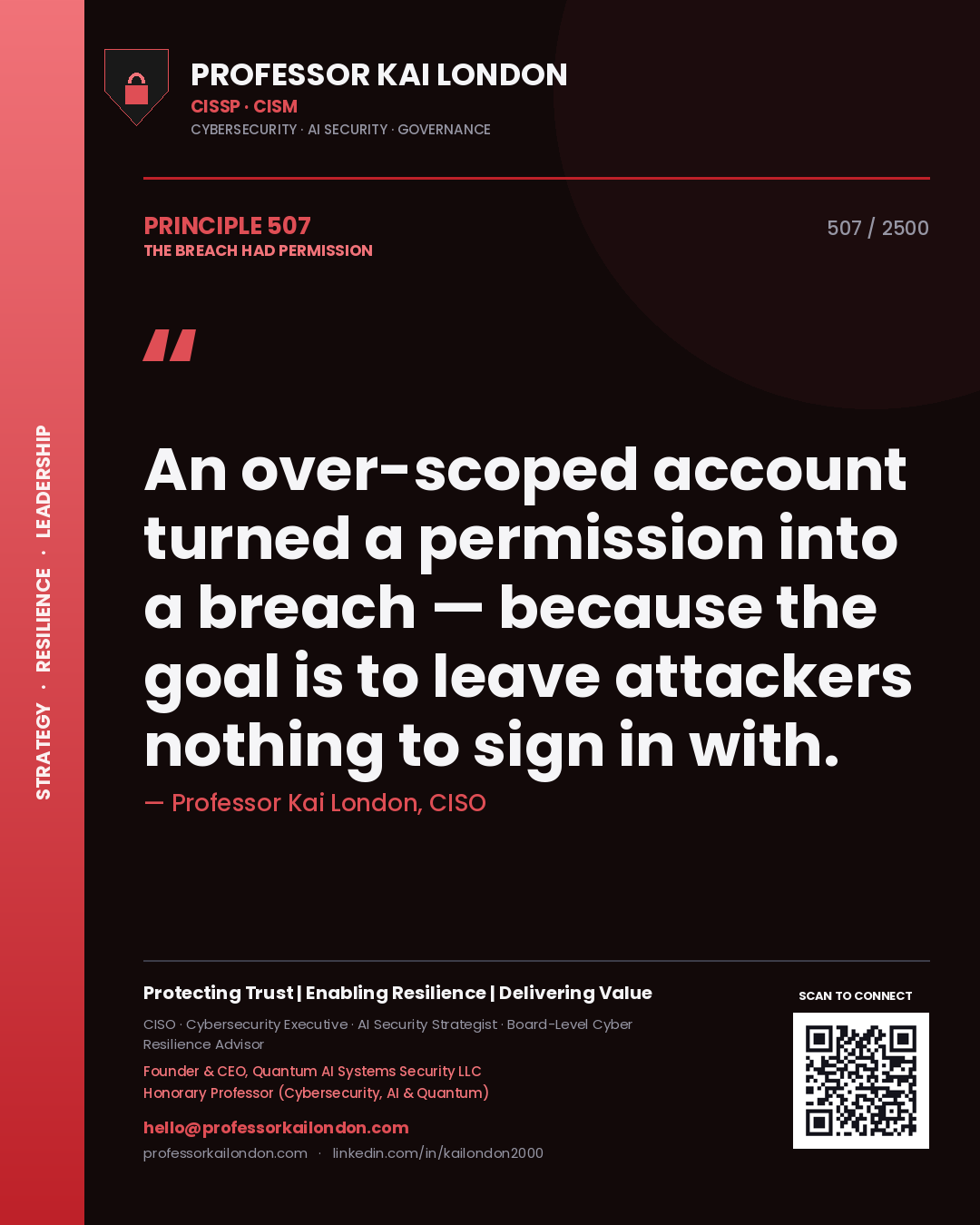 Professor Kai London principle 507: An over-scoped account turned a permission into a breach — because the goal is to leave attackers nothing to sign in with.