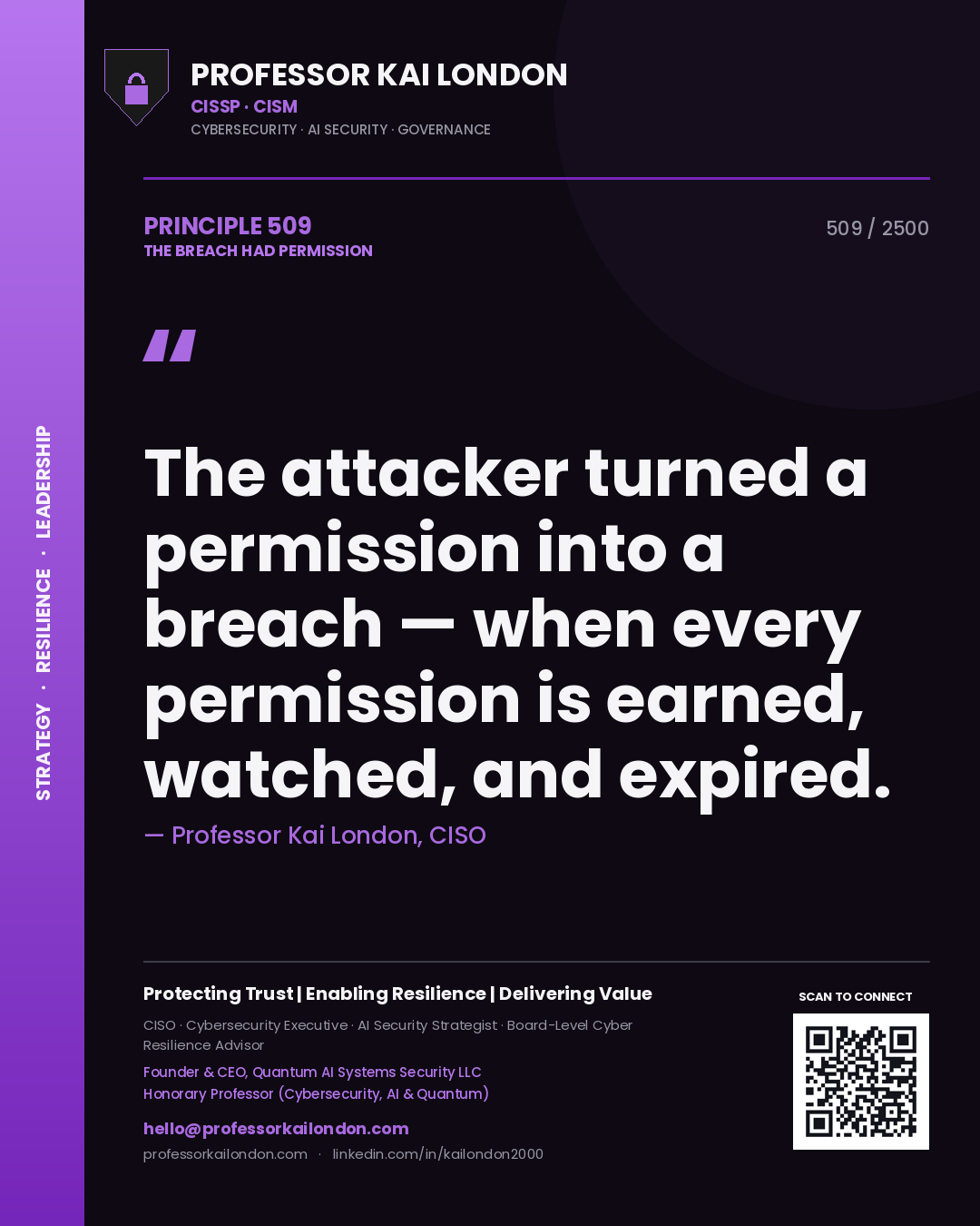 Professor Kai London principle 509: The attacker turned a permission into a breach — when every permission is earned, watched, and expired.