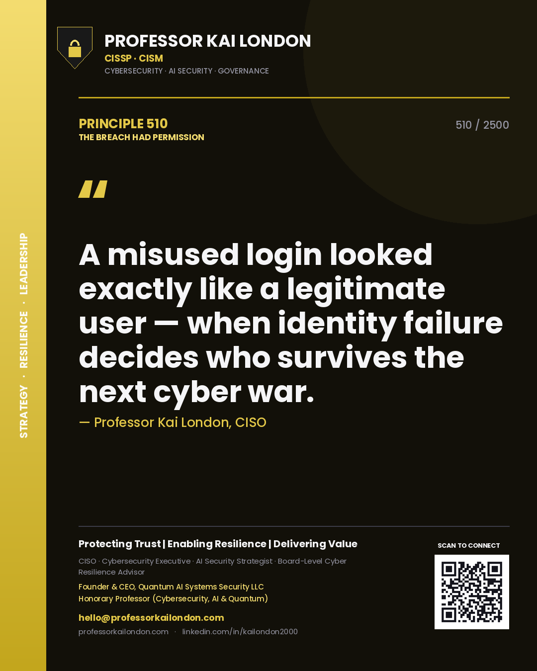 Professor Kai London principle 510: A misused login looked exactly like a legitimate user — when identity failure decides who survives the next cyber war.