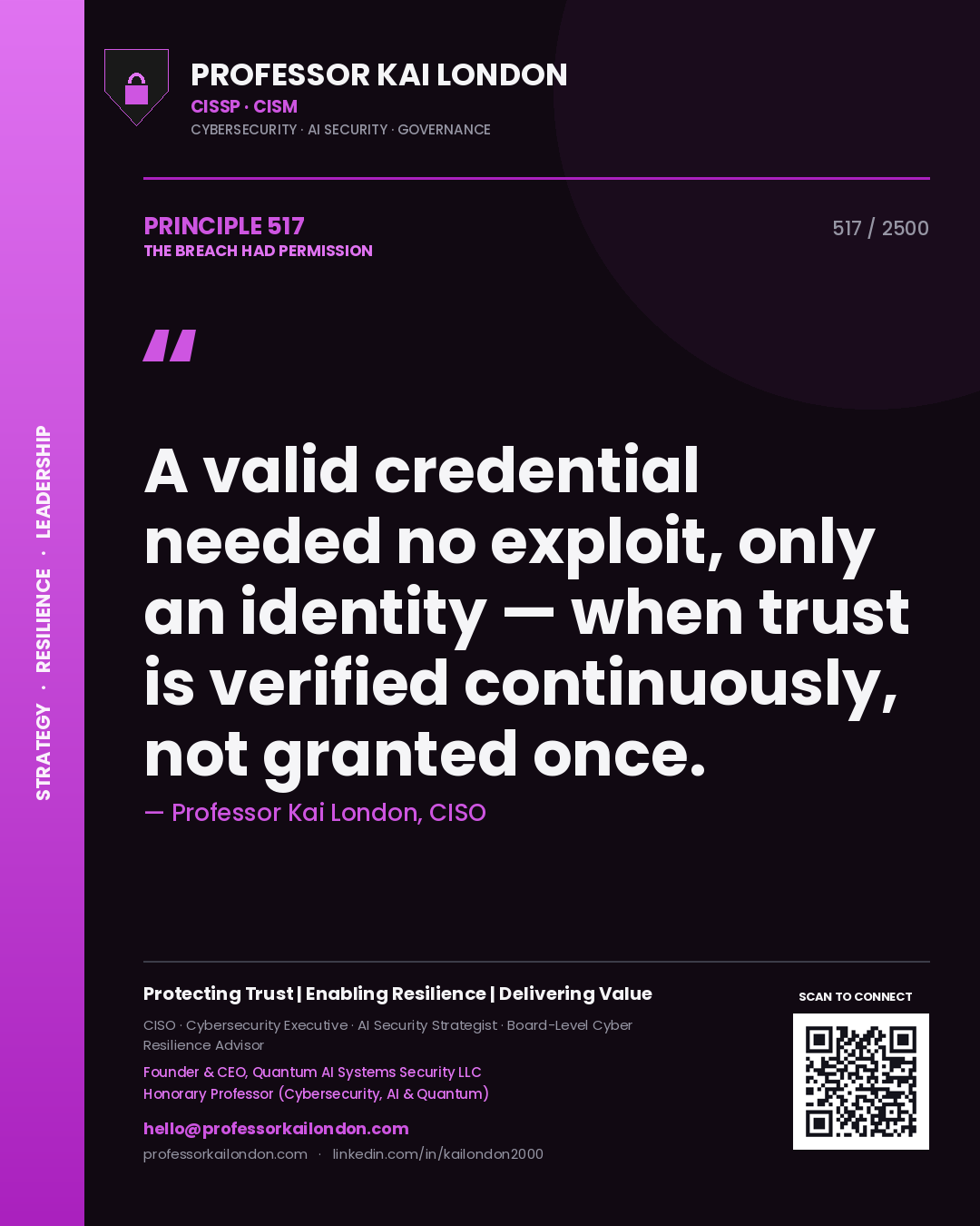 Professor Kai London principle 517: A valid credential needed no exploit, only an identity — when trust is verified continuously, not granted once.