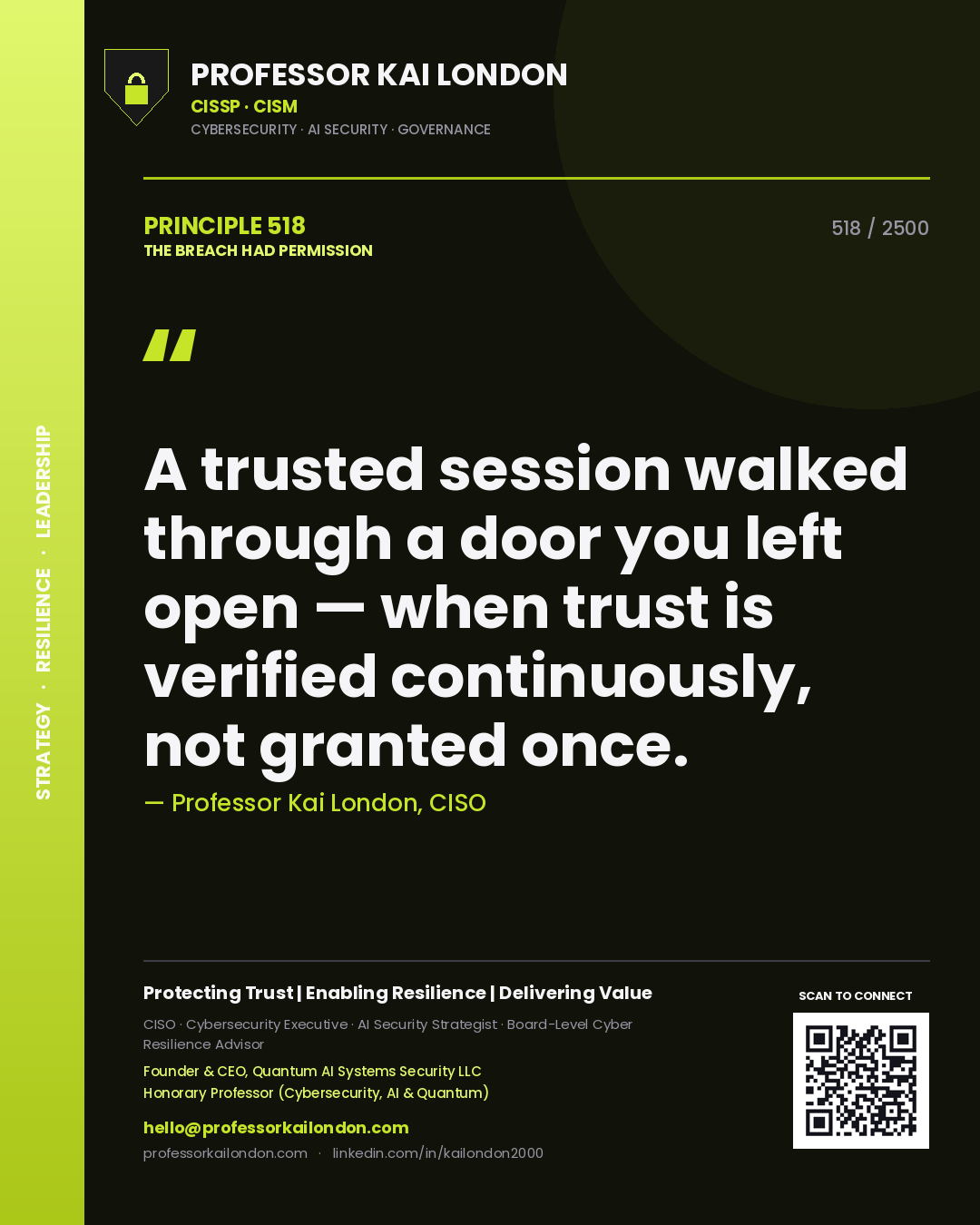 Professor Kai London principle 518: A trusted session walked through a door you left open — when trust is verified continuously, not granted once.