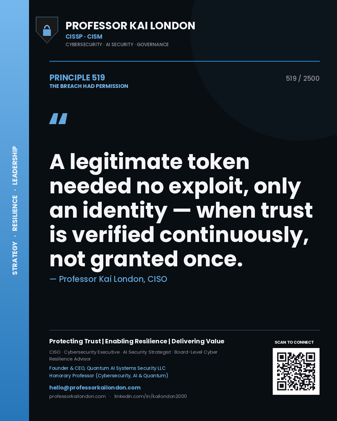 Quote card by Professor Kai London reading 'A legitimate token needed no exploit, only an identity — when trust is verified continuously, not granted once.'. From the book The Breach Had Permission.
