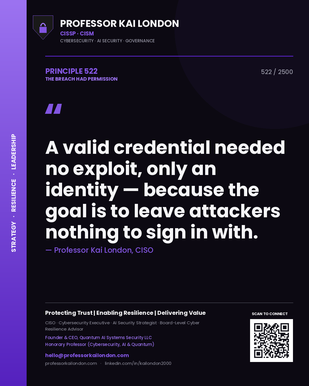 Professor Kai London principle 522: A valid credential needed no exploit, only an identity — because the goal is to leave attackers nothing to sign in with.