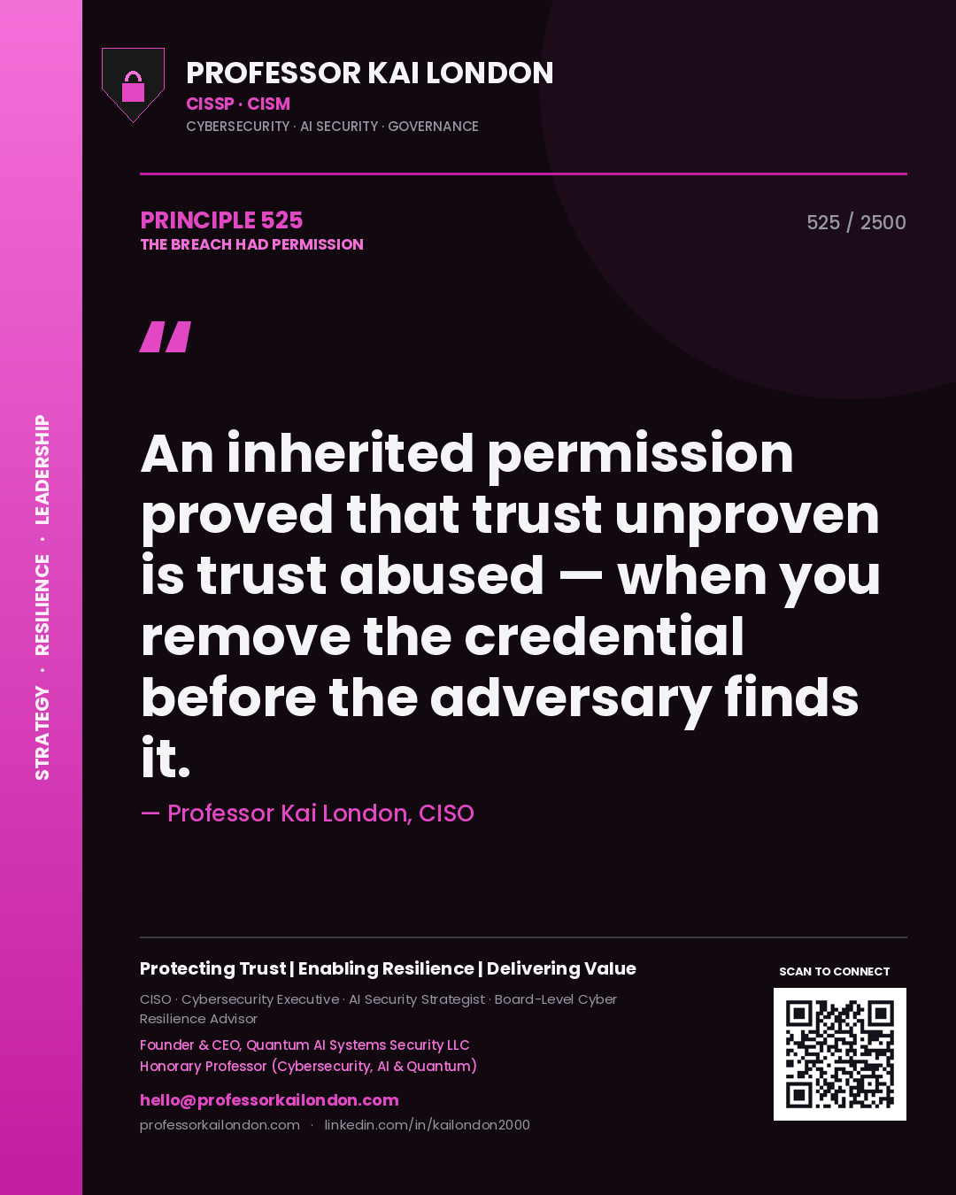 Professor Kai London principle 525: An inherited permission proved that trust unproven is trust abused — when you remove the credential before the adversary finds it.